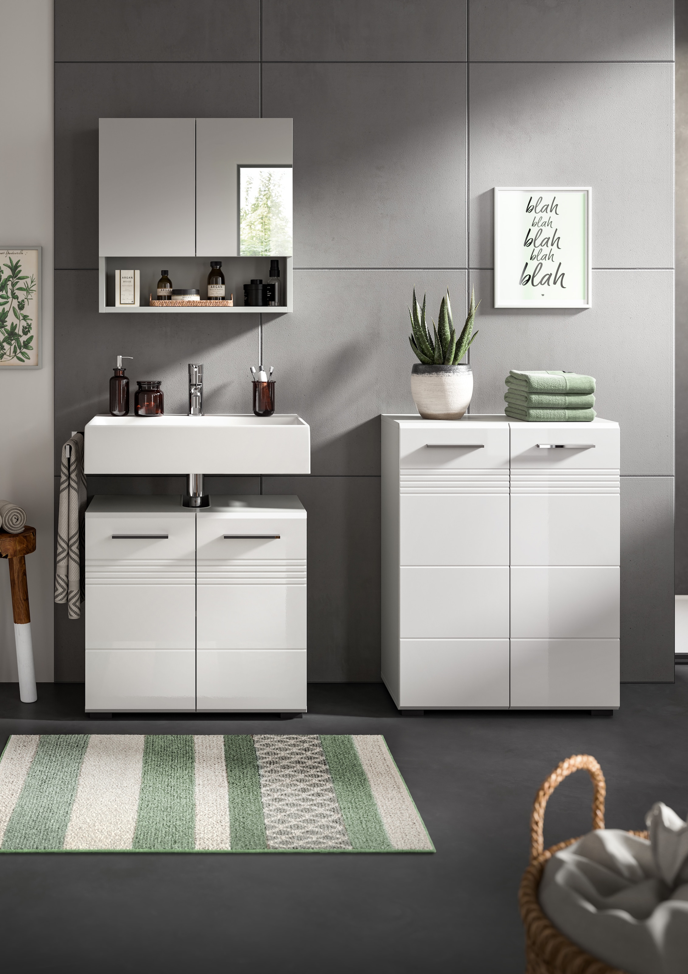 welltime Badmöbel-Set »Calicio,bestehend aus: Waschbeckenunterschrank,Spiegel-und Midischrank«, (3 St.), Midischrank, hochwertige MDF Front mit Rillenfräsung