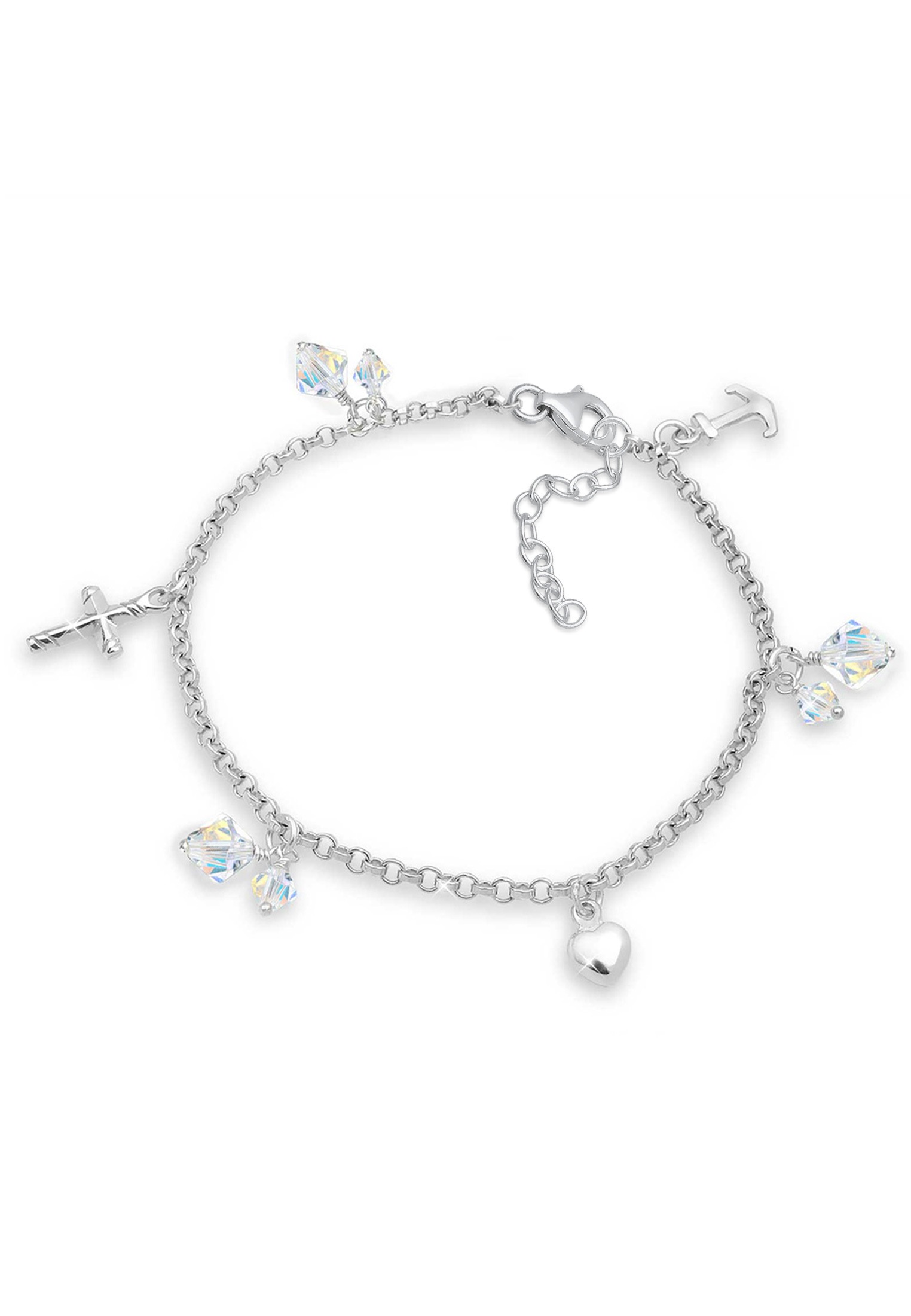 Elli Bettelarmband »Kreuz Herz Anker Kristalle Silber«
