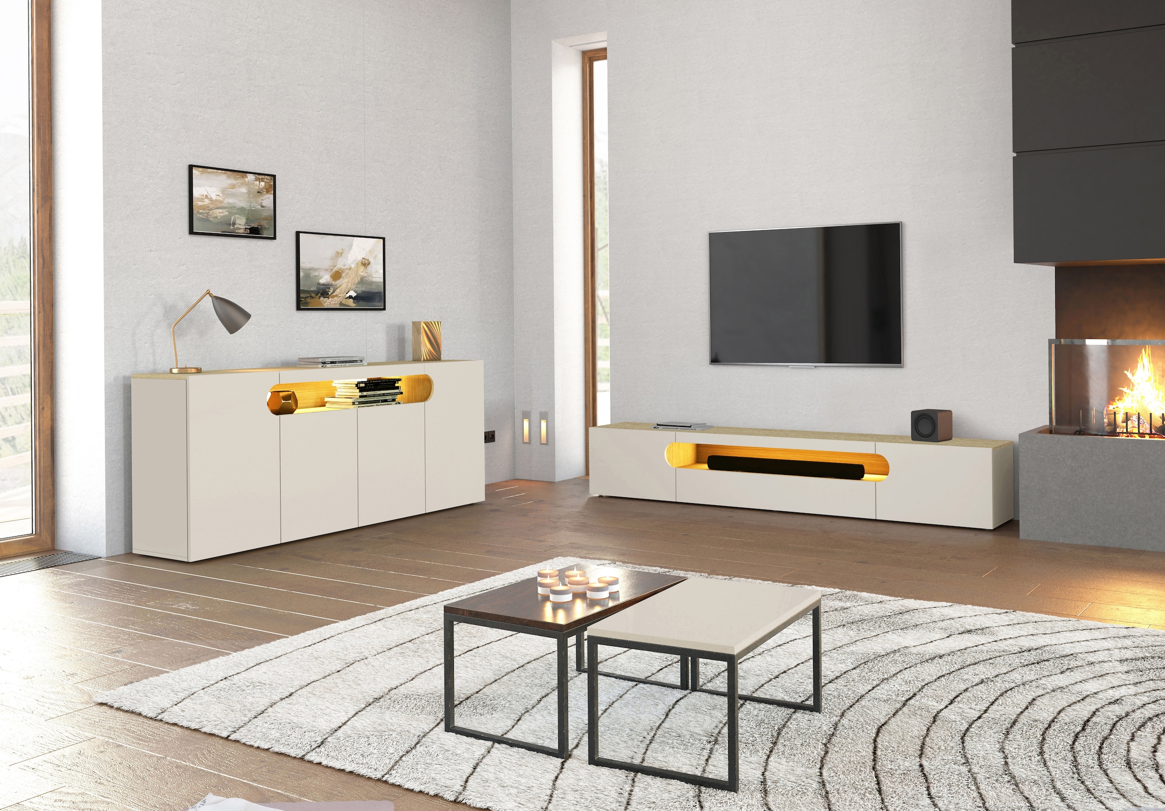 INOSIGN Lowboard »REAL TV-Möbel, 240 cm breit, 40/60 cm hoch, Hochglanz oder matt« mit 2 abgerundeten Türen, 1 Klappe, die ein ovales offenes Fach bilden