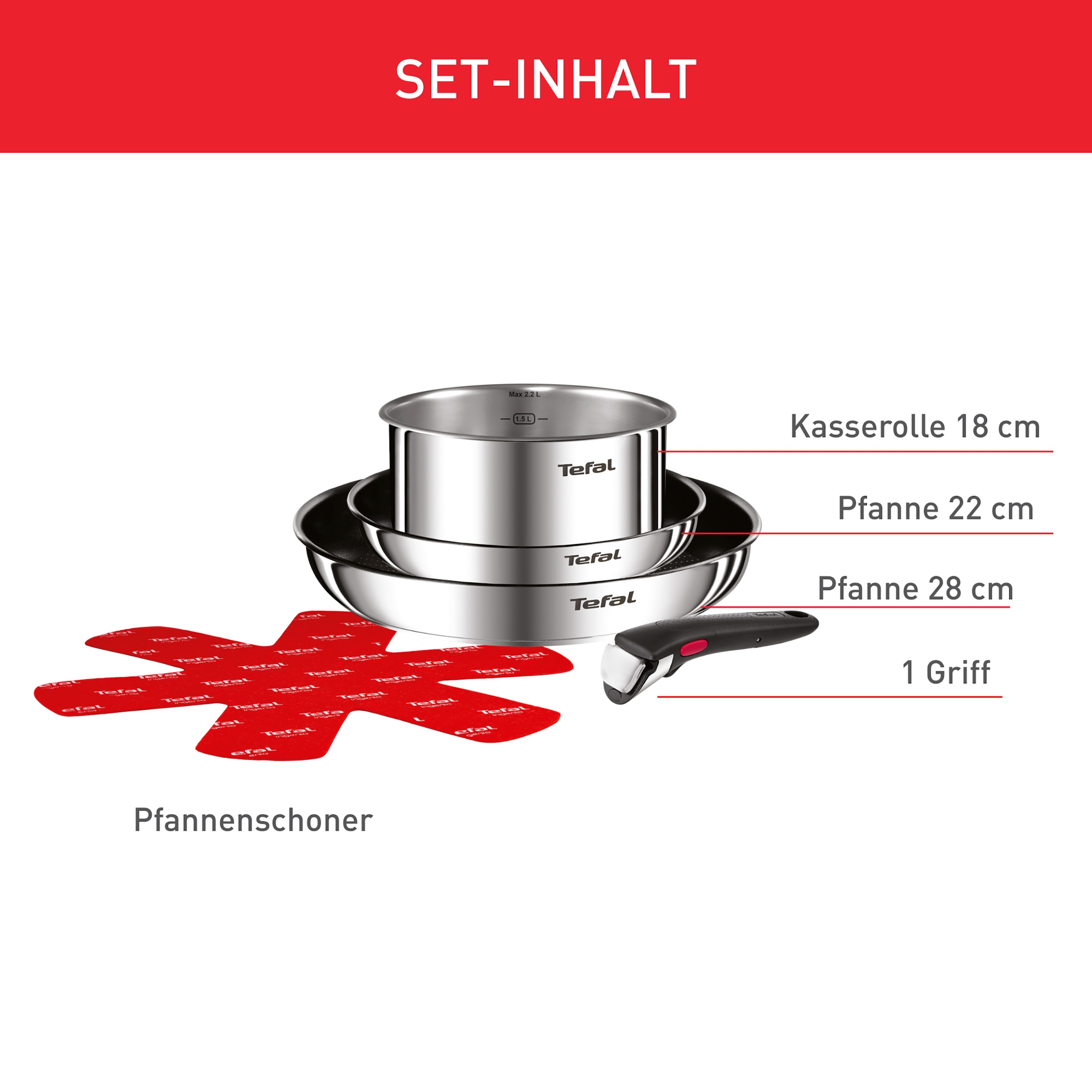 Tefal Pfannen-Set »Ingenio Emotion« Edelstahl Set, 5 Stk. tlg. abnehmbarer Griff, Antihaftversiegelung, Thermo-Signal, Induktion