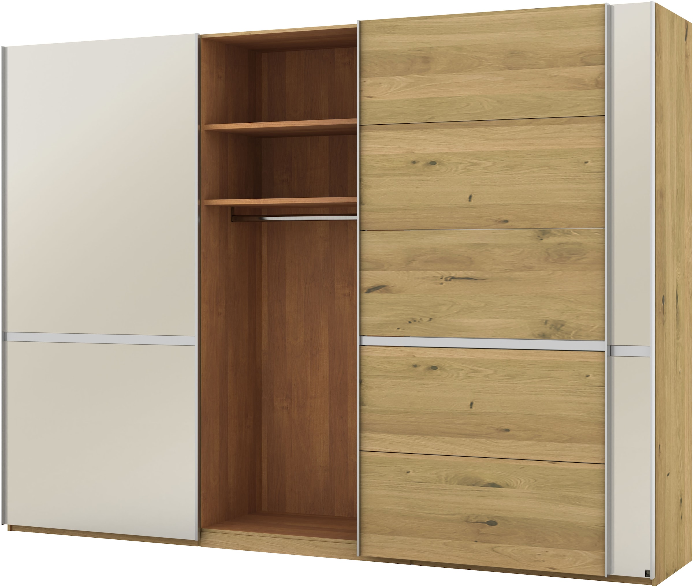 Musterring Schwebetürenschrank »Savona, Kleiderschrank, Schrank, Garderobe, mit Schiebetüren«, (Teilmassiv Bianco-Eiche, mit Spiegel oder Glas, MADE IN GERMANY), Türen Bianco-Eiche massiv, Spiegel-/Glastüren, eingelegte Chromleiste