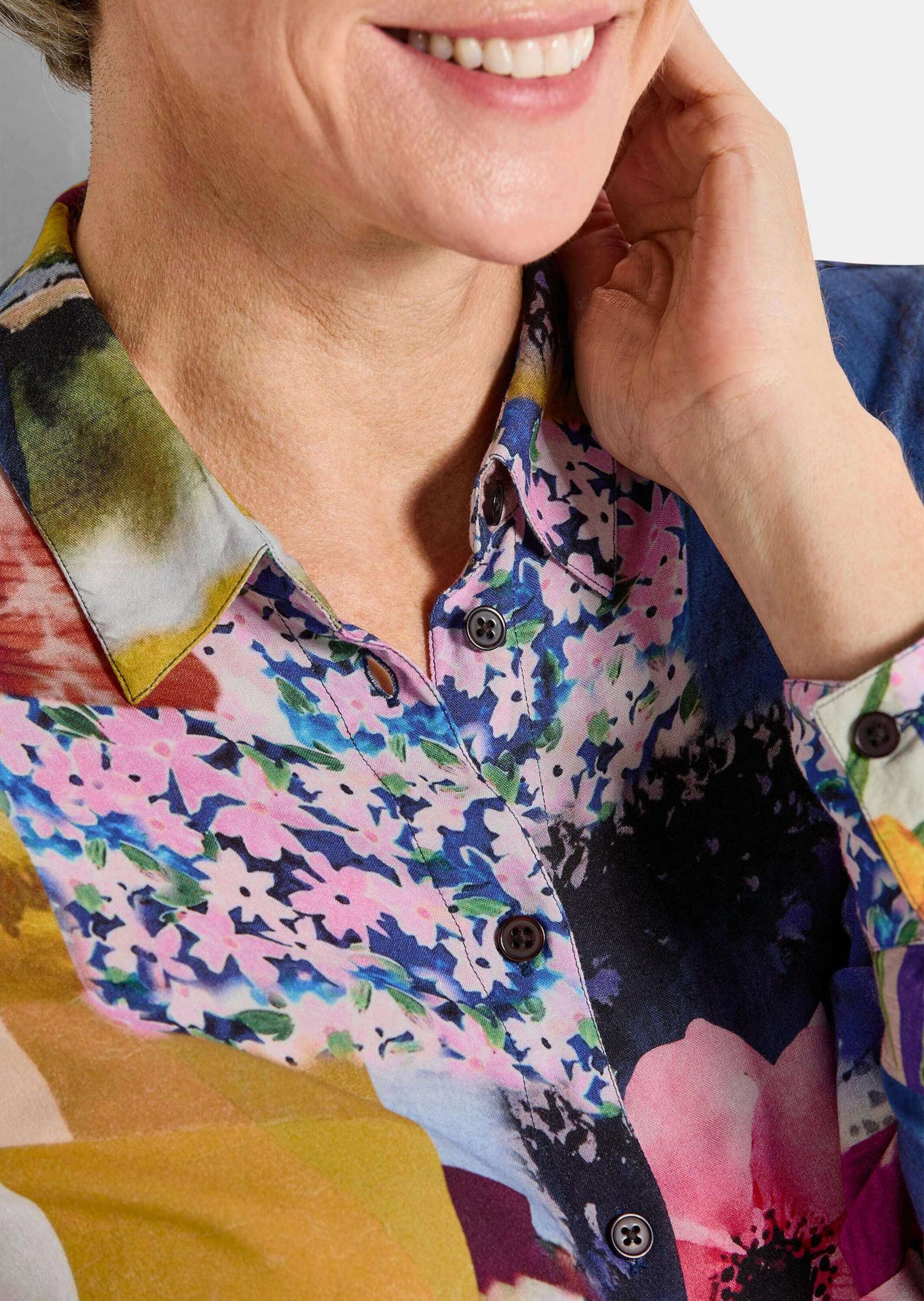 GOLDNER Hemdbluse »Kurzgröße Viskosebluse mit Patchwork-Print« figurschmeichelder Schnitt