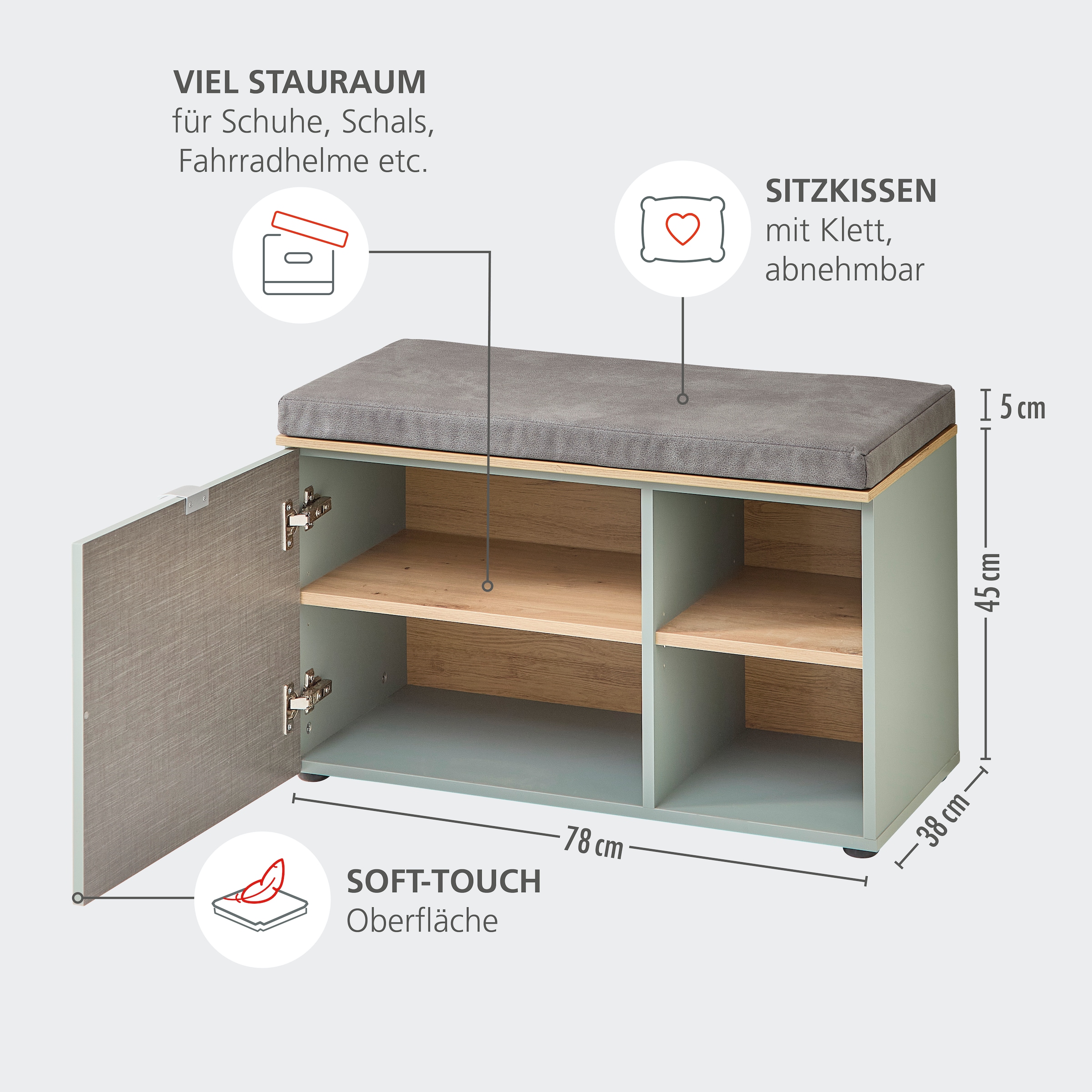 Innostyle Schuhschrank »Bari Schuhbank inkl. Sitzkissen, BxHxT 78x50x38 cm« 1 Stk. tlg. 1 türig, 4 Fächer, Softclose, ABS Kantenschutz