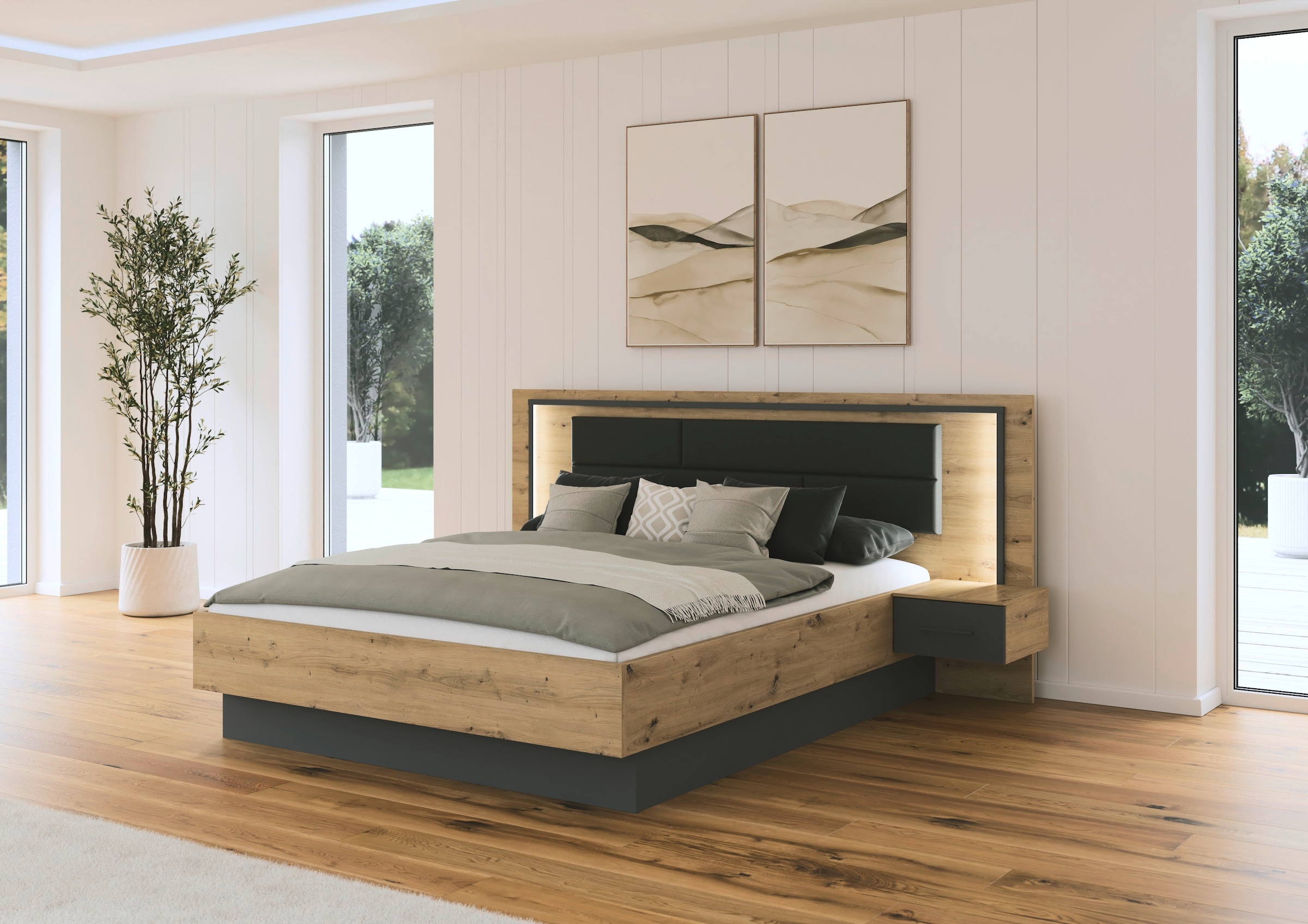 rauch Bettanlage »Bett Doppelbett Komortbett BILBAO-EXTRA« Set, Liegefläche 160x200 oder 180x200 cm, 3 tlg. tlg. Polster-Kopfteil in Lederoptik basalt, mit Beleuchtung MADE IN GERMANY