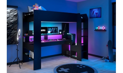 Hochbett »Gaming-Bett, mit Schreibtisch, USB Anschluss, LED, viel Stauraum«