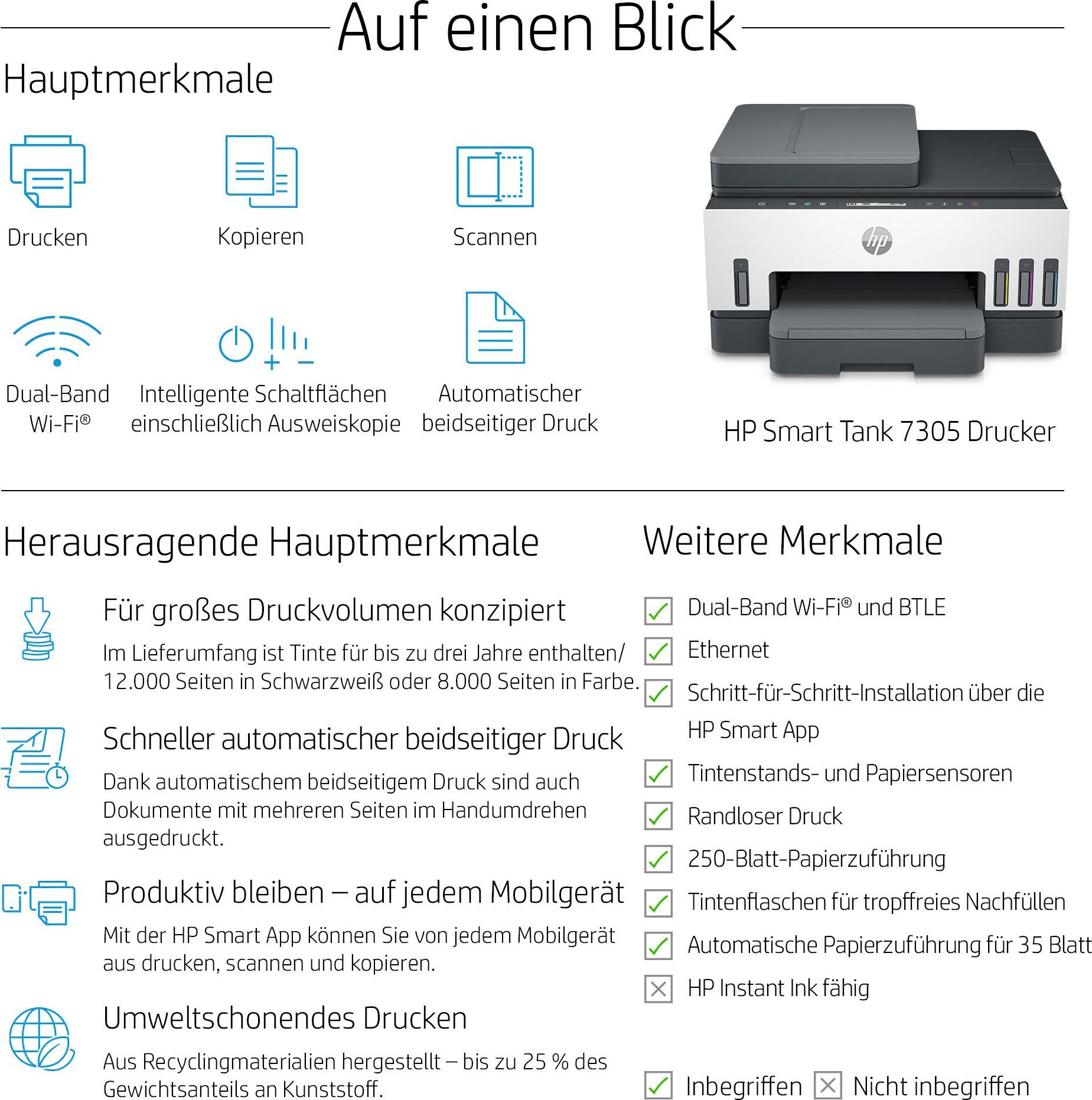 HP Multifunktionsdrucker »Smart Tank 7305«, Tintentank, hohe Reichweite