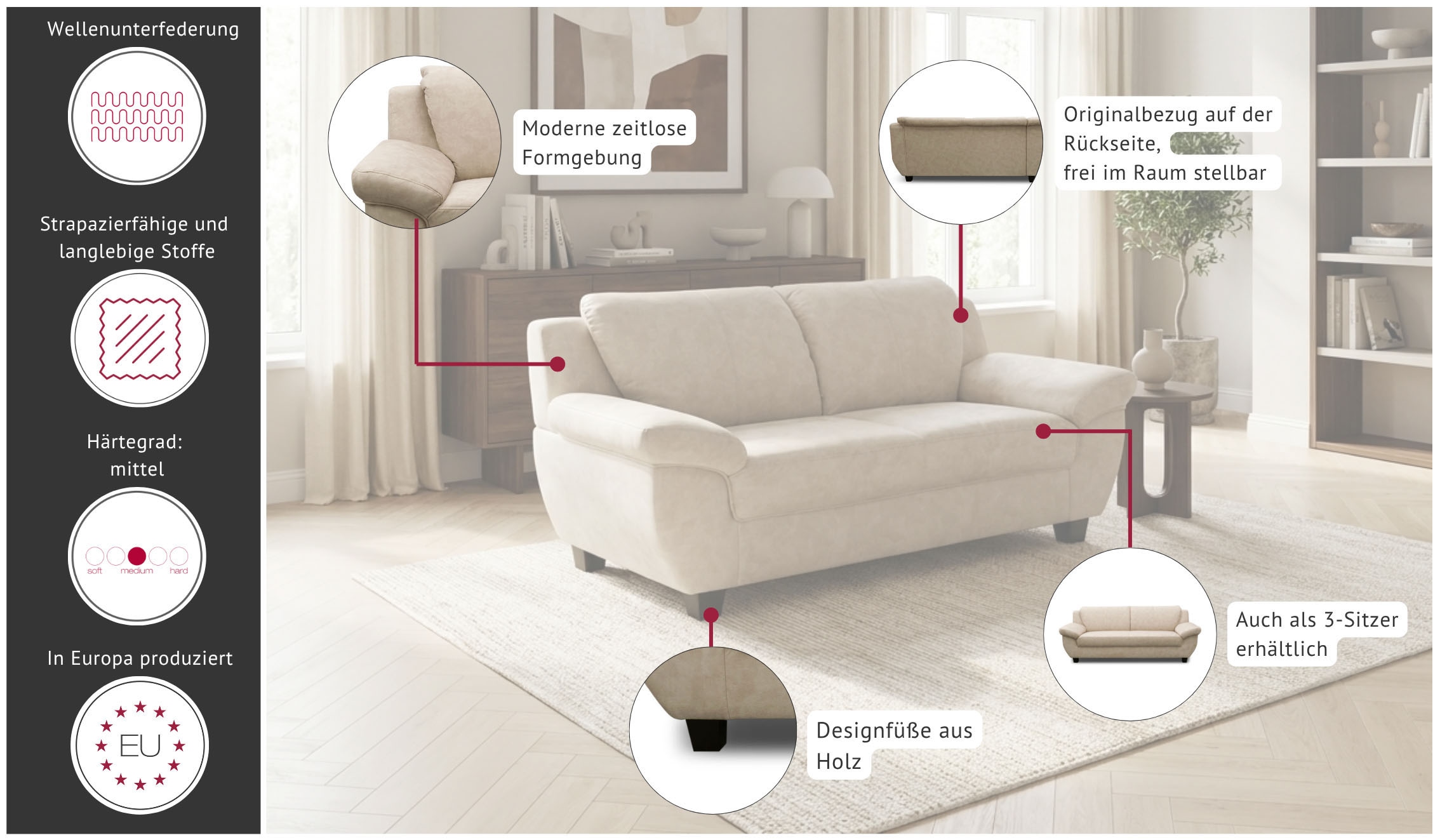 OTTO home 2-Sitzer »Silkeborg 161 cm, formschönes Sofa mit dunklen Füßen« aus pflegeleichtem, weichem Luxus-Microfaser