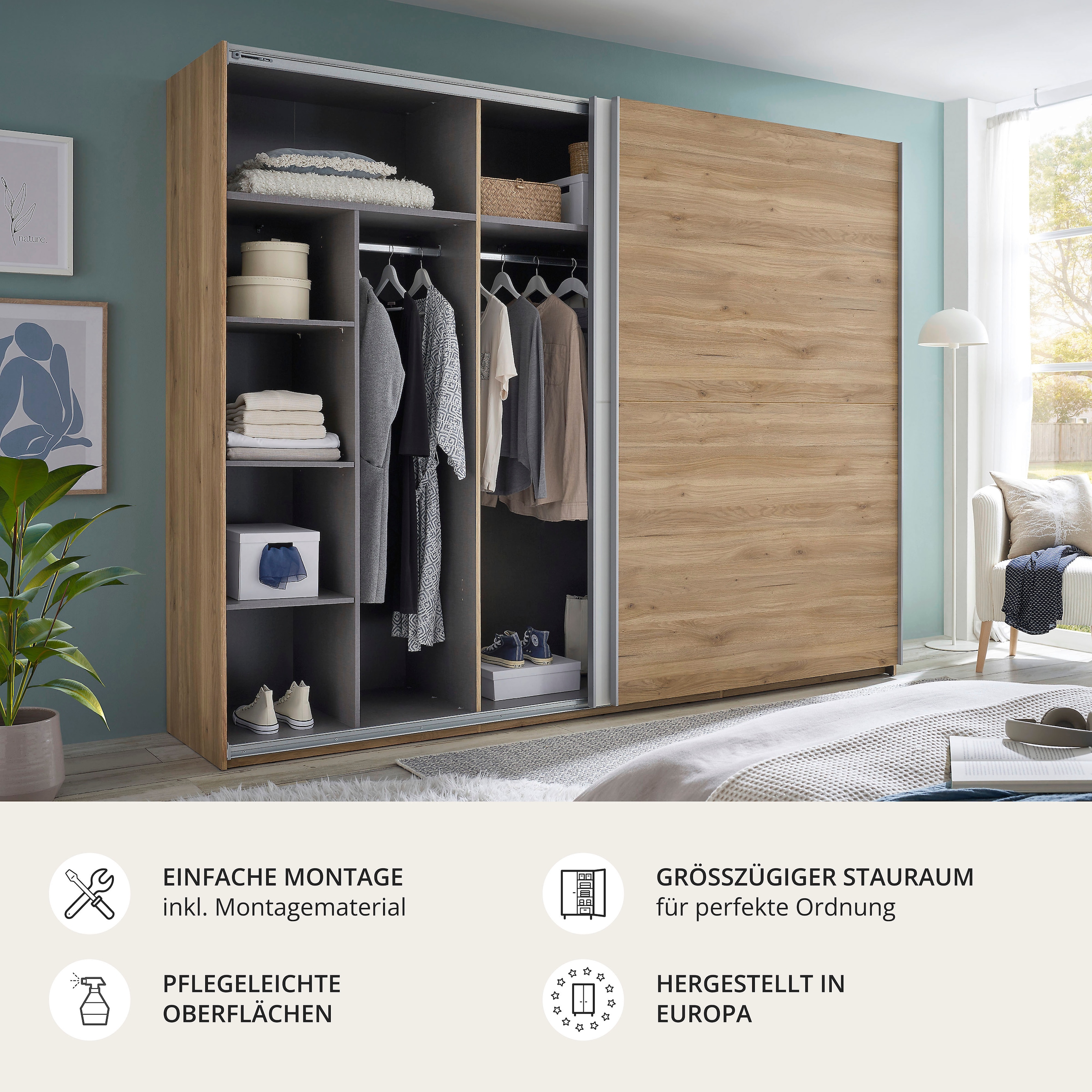 Schlafkontor Schwebetürenschrank »Mesio, 2-türiger Kleiderschrank, Schiebetürenschrank mit viel Stauraum« inklusive Hoteleinteilungen außen und Einlegeböden oben