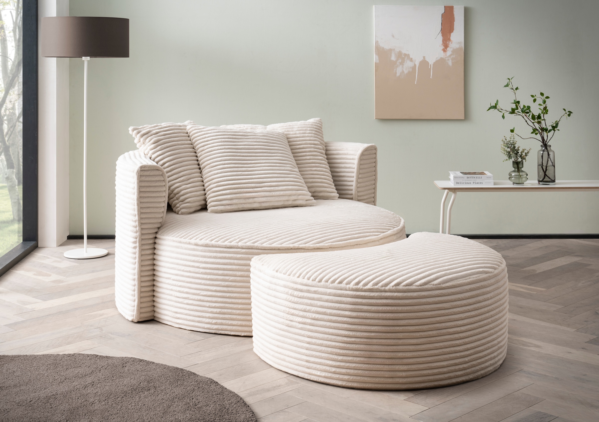 LeGer Home by Lena Gercke XXL-Sessel »Isalie, Rundsessel mit Hocker, Lesesessel, Loveseat, Big-Sessel«, (Set), trendige Stoffe, mit 3 Zierkissen, große Sitzfläche