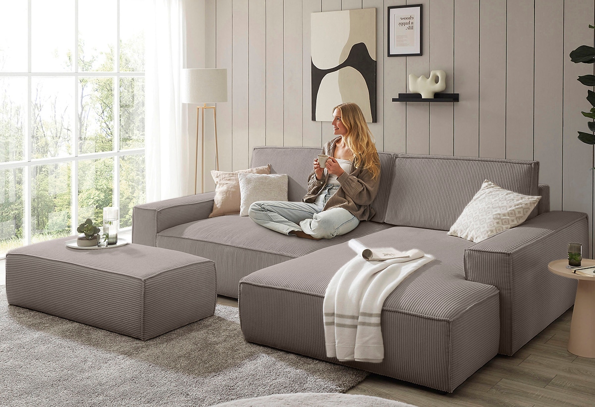 Home affaire Polsterecke »NEU: SHERWOOD XXL tief, L-Form mit Schlaffunktion, Big-Sofa mit Hocker«, (Set, 2 St.), stellbar zum Schlafsofa (Krokodilverbinder), Cord, Leinenoptik