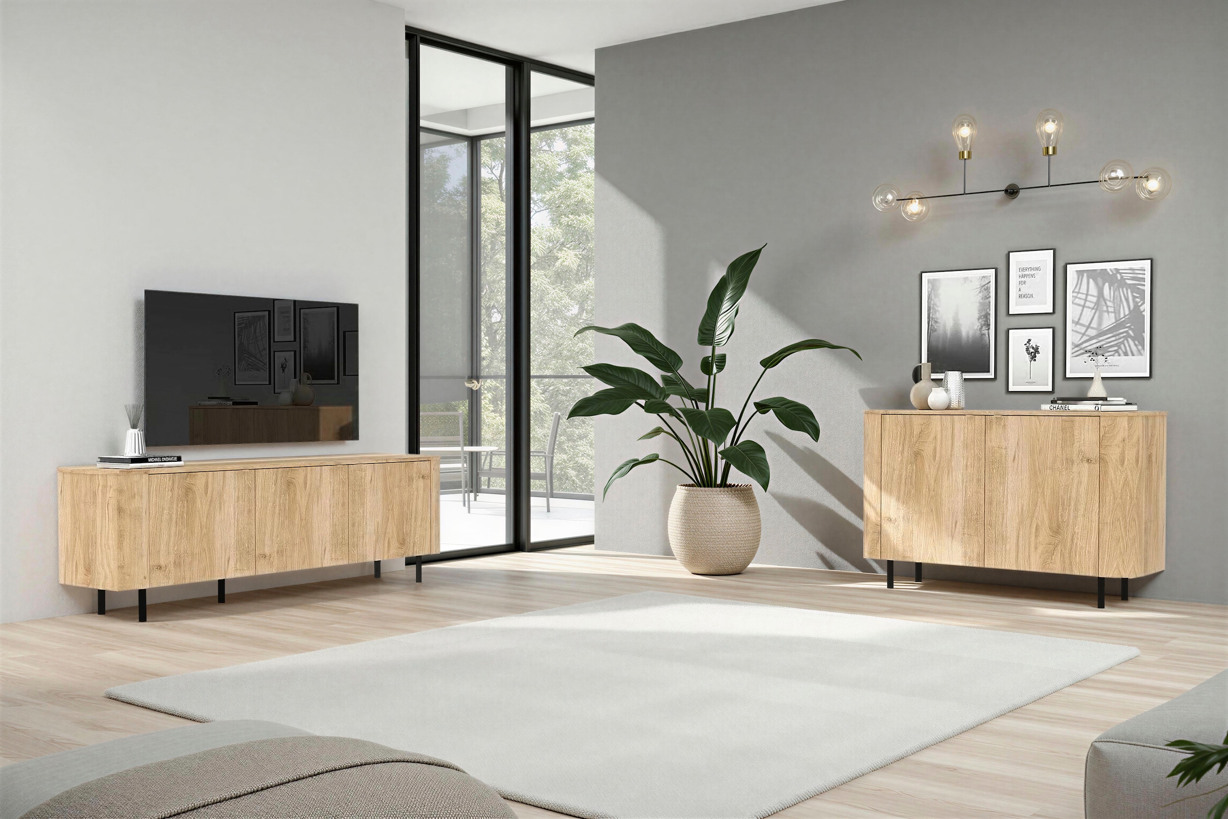 Home affaire Lowboard »Murano, 181 cm breit, 3 Türen, TV-Schrank, TV-Kommode, Medienboard« Formgebogenes MDF, Stirnseiten mit Rundung, Füße und Griffe aus Metall