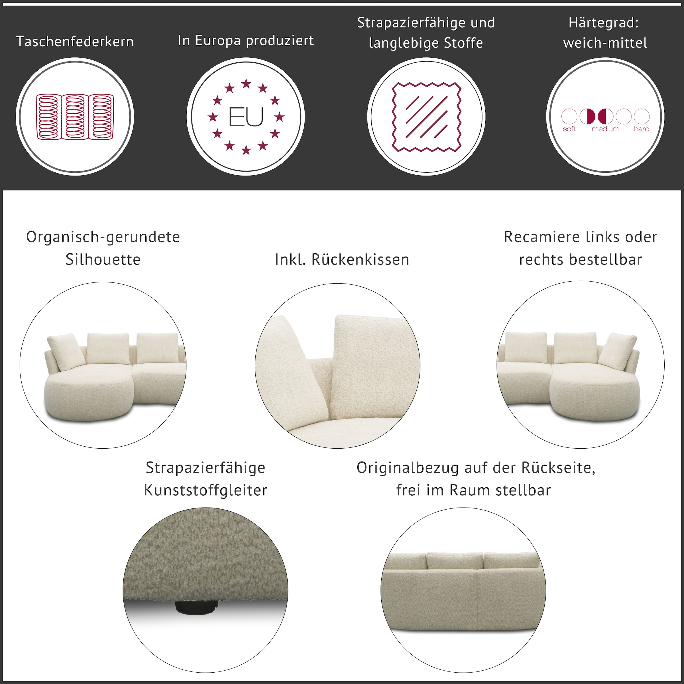 DOMO collection Ecksofa »Lumin, B/T: 267/170 cm, abgerunde Form, charmantes Design, cozy chic« Mit Federkern und 5 Rückenkissen ausgestattet