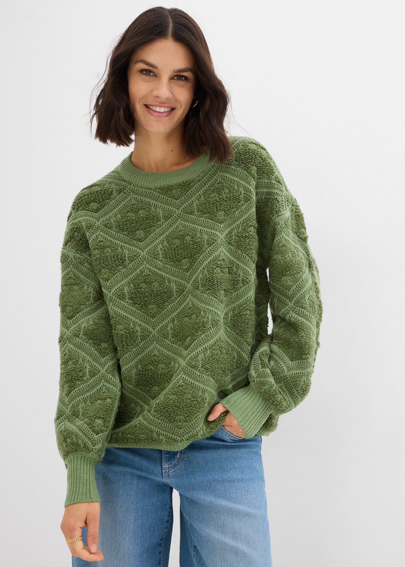 bonprix Strickpullover mit Rundhalsausschnitt, mit Jacquard-Muster, Langarm