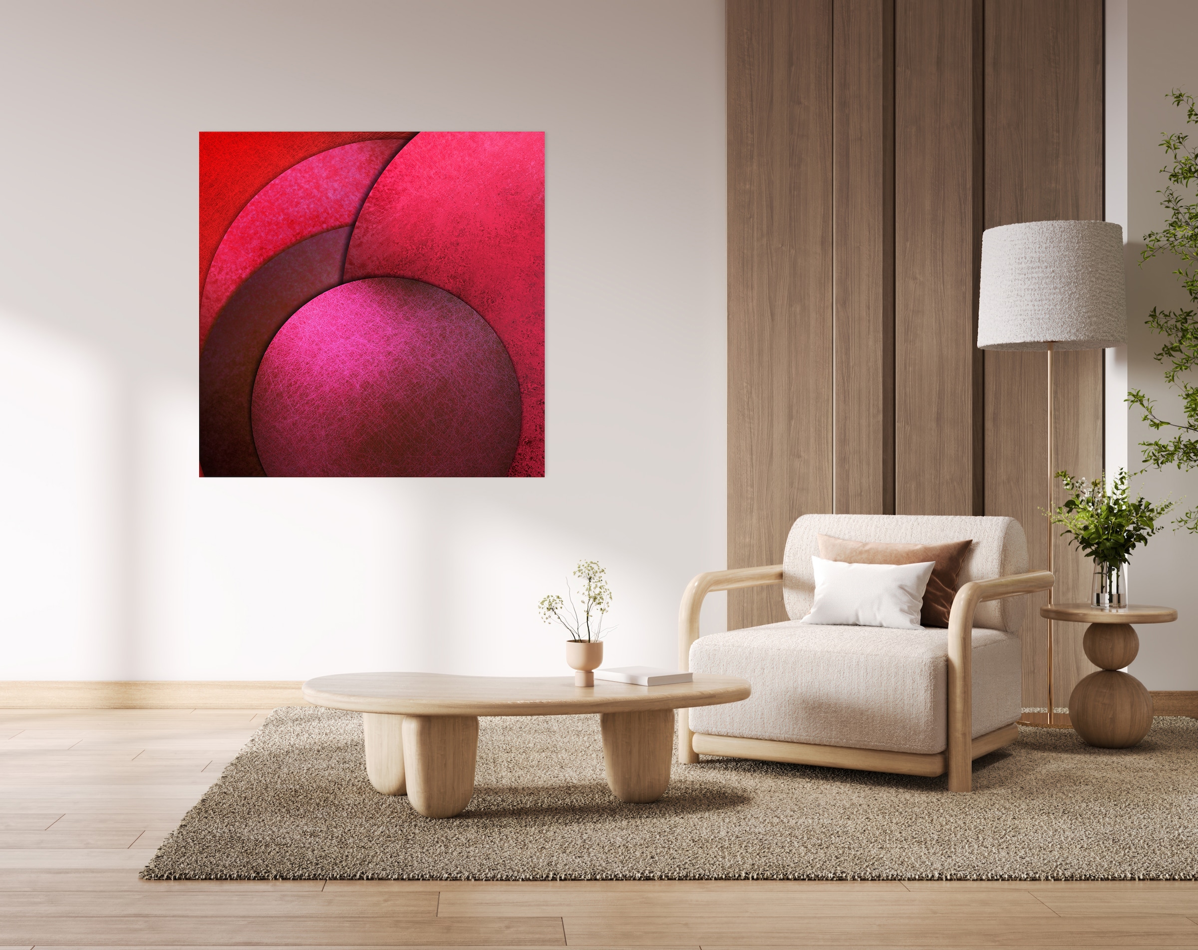 queence Acrylglasbild »Rote Kreise, Kunstdruck Abstrakt« 1 Stk. tlg. mit schwebender 3D Tiefenwirkung, dank der rahmenlosen Befestigung