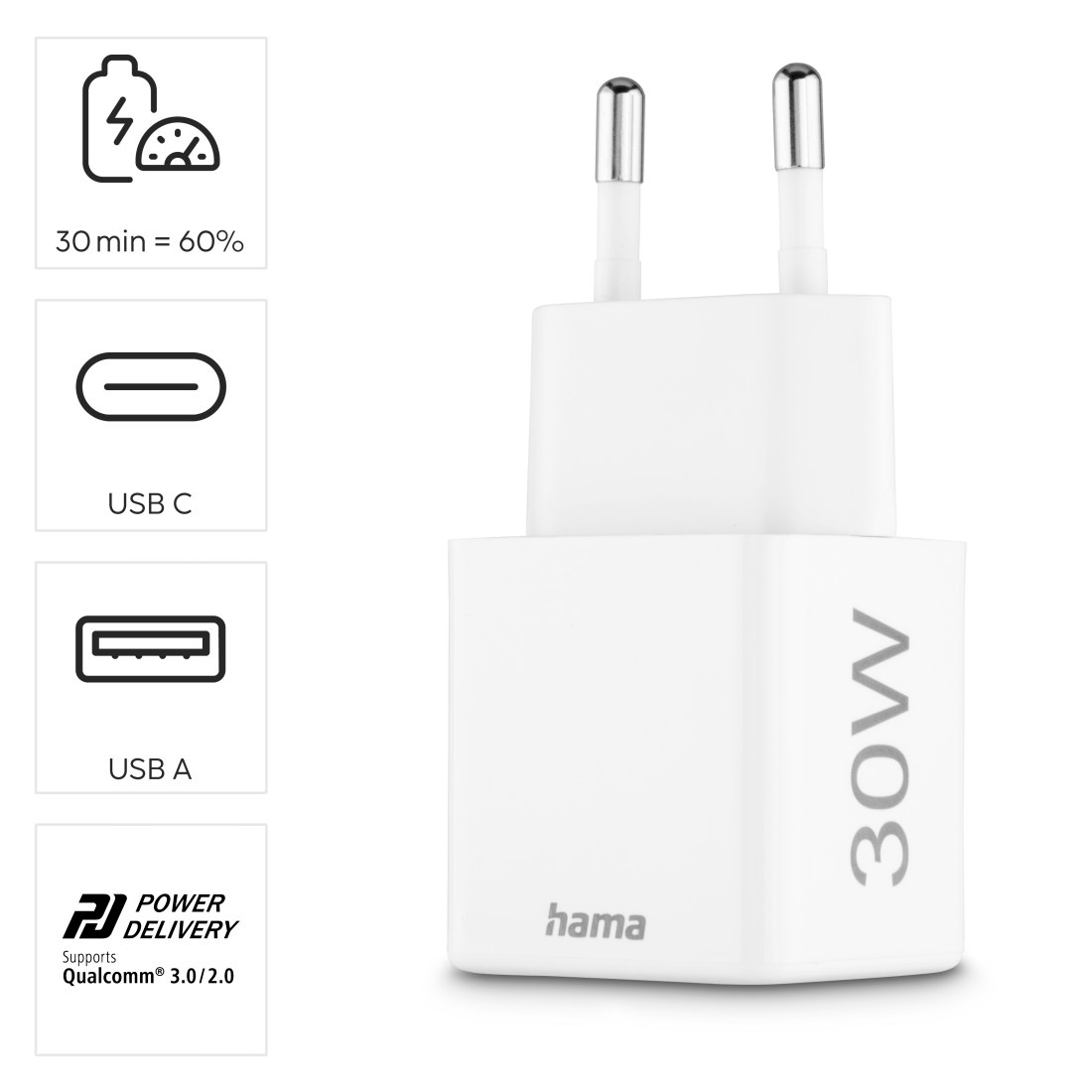 Hama Schnelllade-Gerät »Schnelladegerät, 1x USBC, 1x USB-A, 30W, PD, Qualcomm® Quick Charge™«