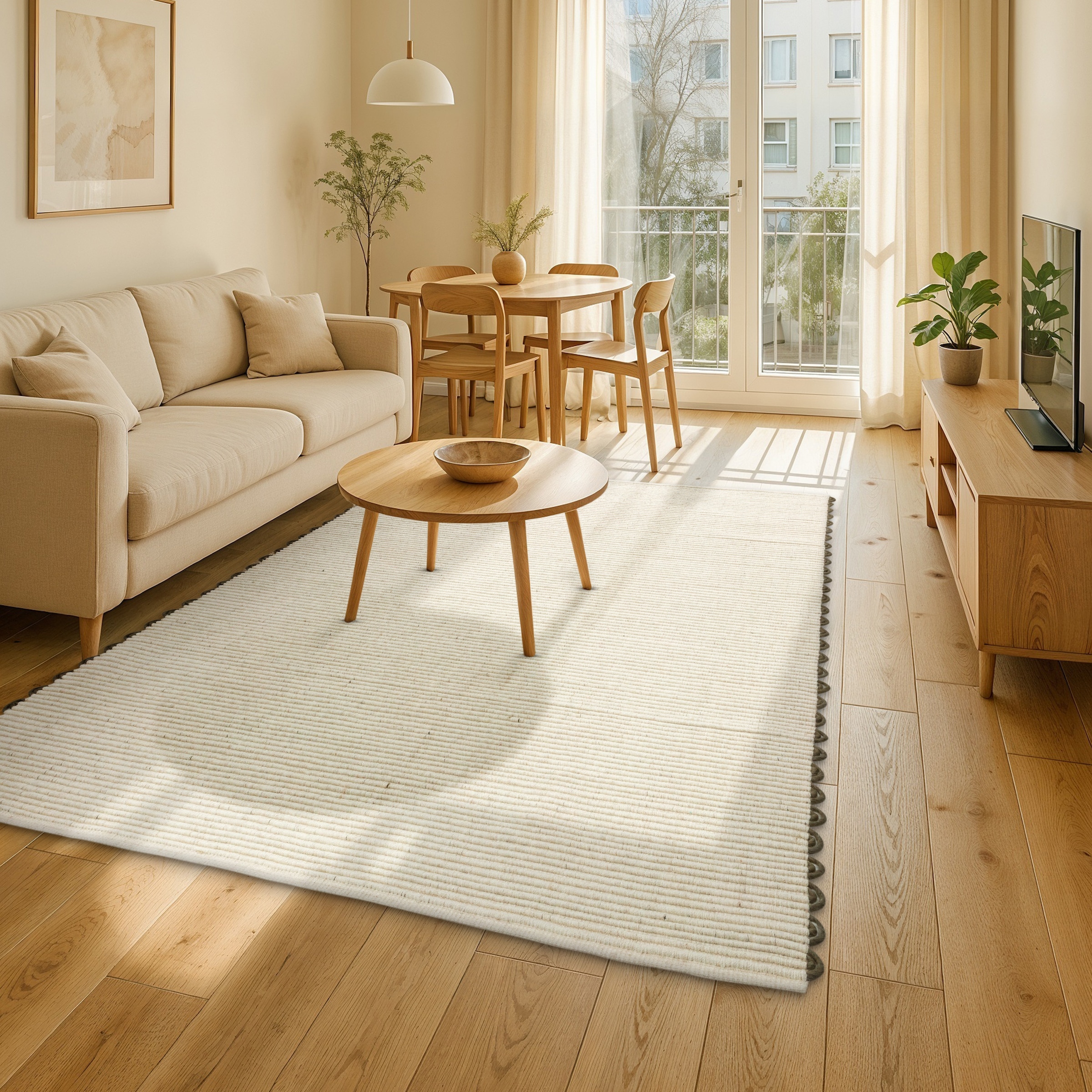 SCHÖNER WOHNEN-Kollektion Wollteppich »Omira« rechteckig 7 mm Höhe reine Wolle, Linien, dekorative Häkelkante, Wohnzimmer