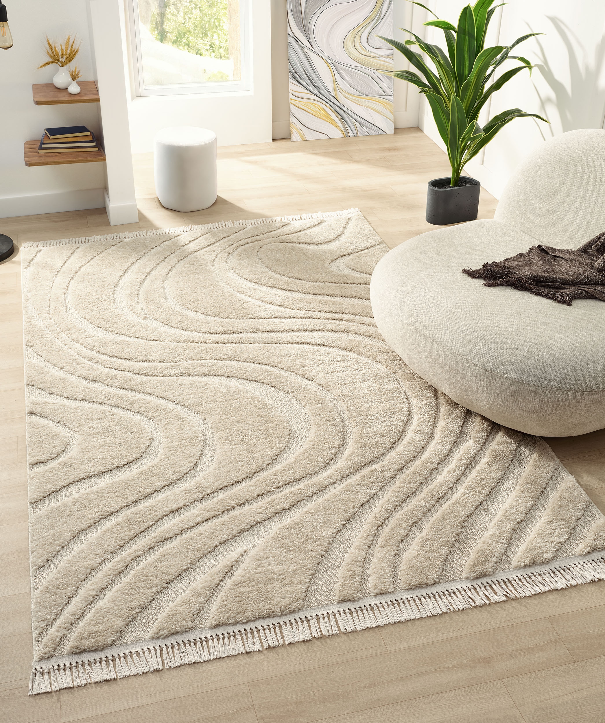   Teppich »Ember mit Fransen, Wellen Design« rechteckig 20 mm Höhe Boho, 3D Optik, Scandi, Hoch-Tief, Wohnzimmer, Schlafzimmer