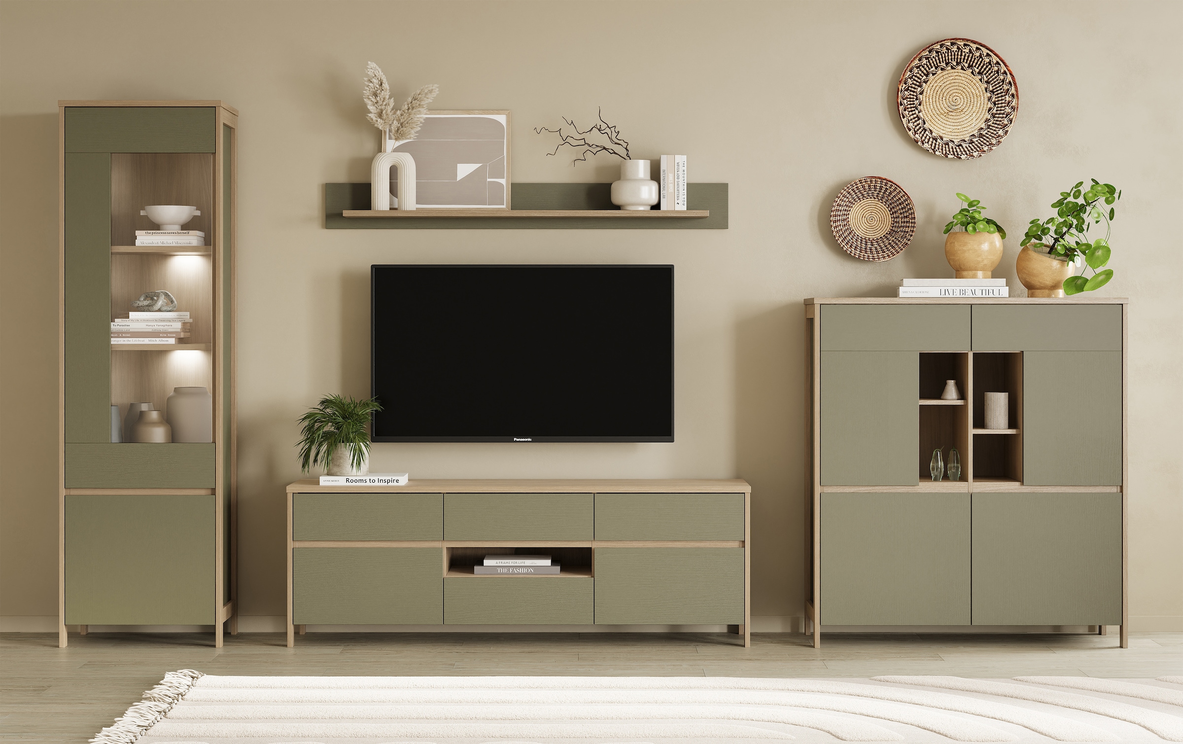 Home affaire Wohnwand »Stranda, moderne Anbauwand, Komplettset im Scandi-Style«, (4 St.), enthält Vitrine, Lowboard, Highboard und Wandboard, 364 cm breit