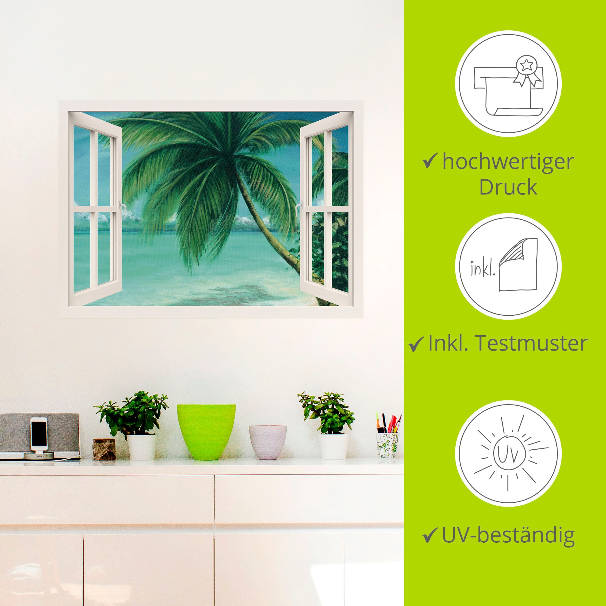 Artland Wandfolie »Fensterblick - Palmenstrand«, Fensterblick, (1 St.), selbstklebend