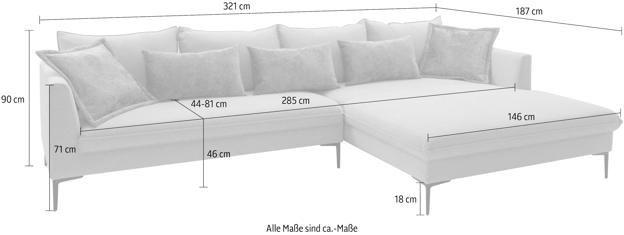 exxpo - sofa fashion Ecksofa »Piazza, elegant und edel, Designsofa mit tollem Sitzkomfort,«, (2 St.), Longchair Ecke in hochwertiger Verarbeitung, Stellmaße 321x187cm