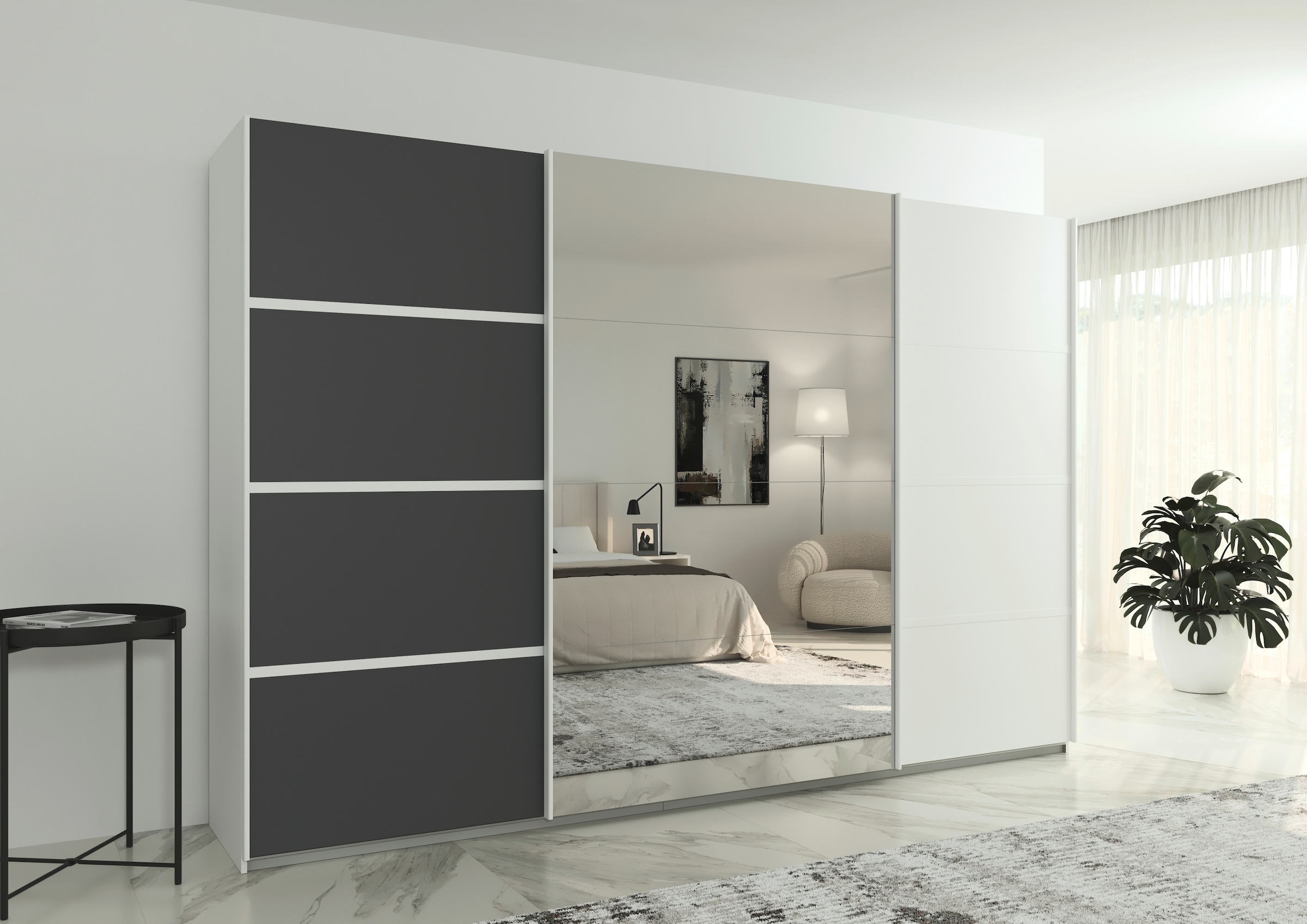 rauch Kleiderschrank »Schwebetürenschrank OTTO´s Choice Garderobe Schrank TOP ANGEBOT Avola«, (in 3 verschiedenen Ausstattungen BASIC/CLASSIC/PREMIUM inkl. Spiegel), mit eleganten Zierleisten in Chrom, Schwarz oder Weiß MADE IN GERMANY
