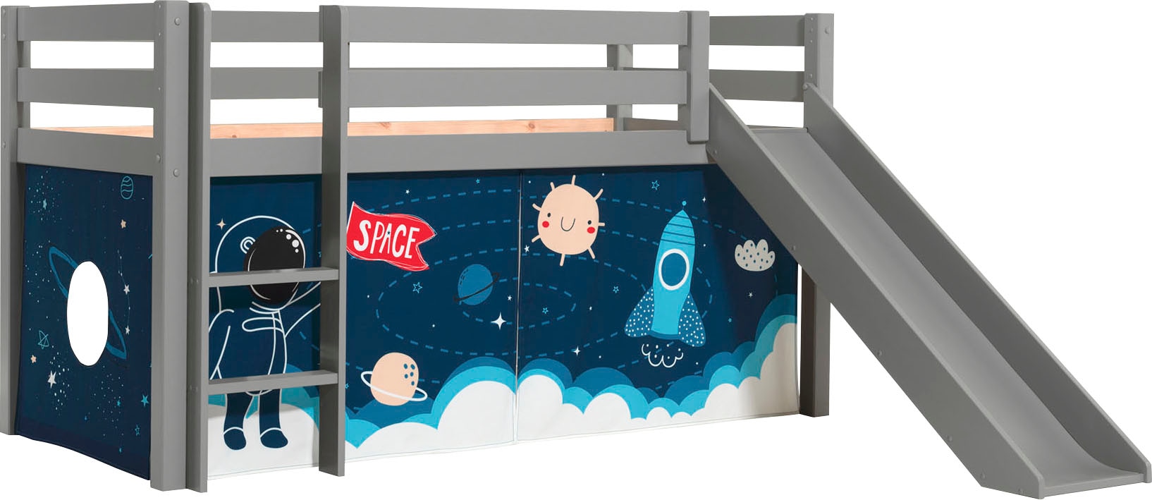 Vipack Spielbett »Pino, Kiefer massiv, mit Rolllattenrost u. Textil-Set, Made in Europe«, (B/H/T ca. 210x114x218cm, mit Absturzschutz, Leiter und Rutsche), verschiedene Textil-Designs und Holzfarben zur Wahl