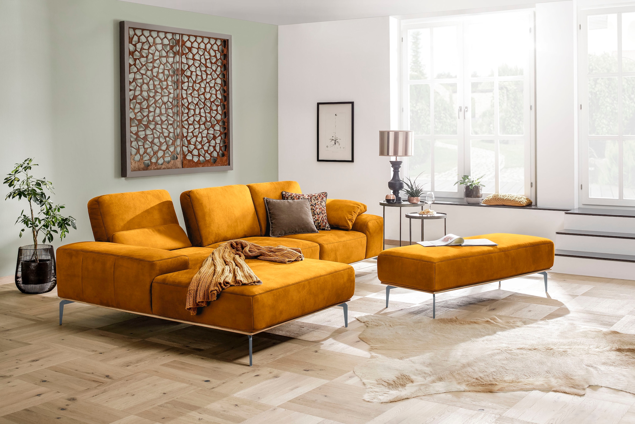 W.SCHILLIG Polsterhocker »run« mit elegantem Holzsockel, Füße in Silber matt, Breite 150 cm