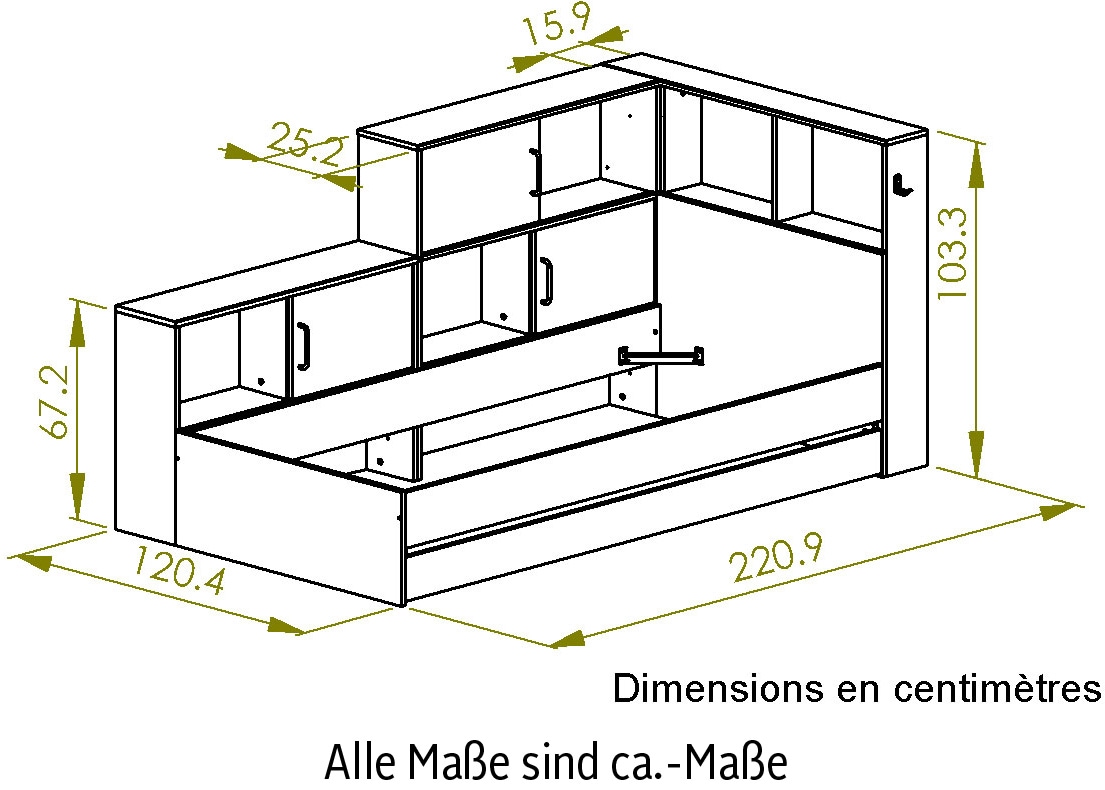 Gami Stauraumbett »"Erwan", viel Stauraum, Made in France, verschiedene Farben«, (B/H/T ca. 220cmx104x120cm), mit großer Schublade, viele Regale und Ablagefächer