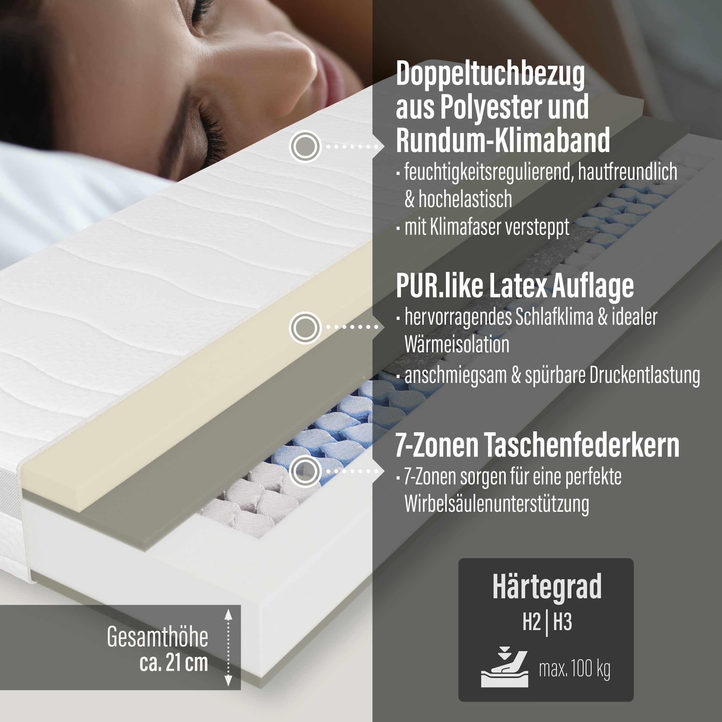 Beco Taschenfederkernmatratze »Feel Like Latex ONE TFK, Matratze 90x200 cm, 140x200 cm und mehr«, 21 cm hoch, 500 Federn, (1 St.), Punktelastische Matratze mit stabilem Federkern, atmungsaktiv