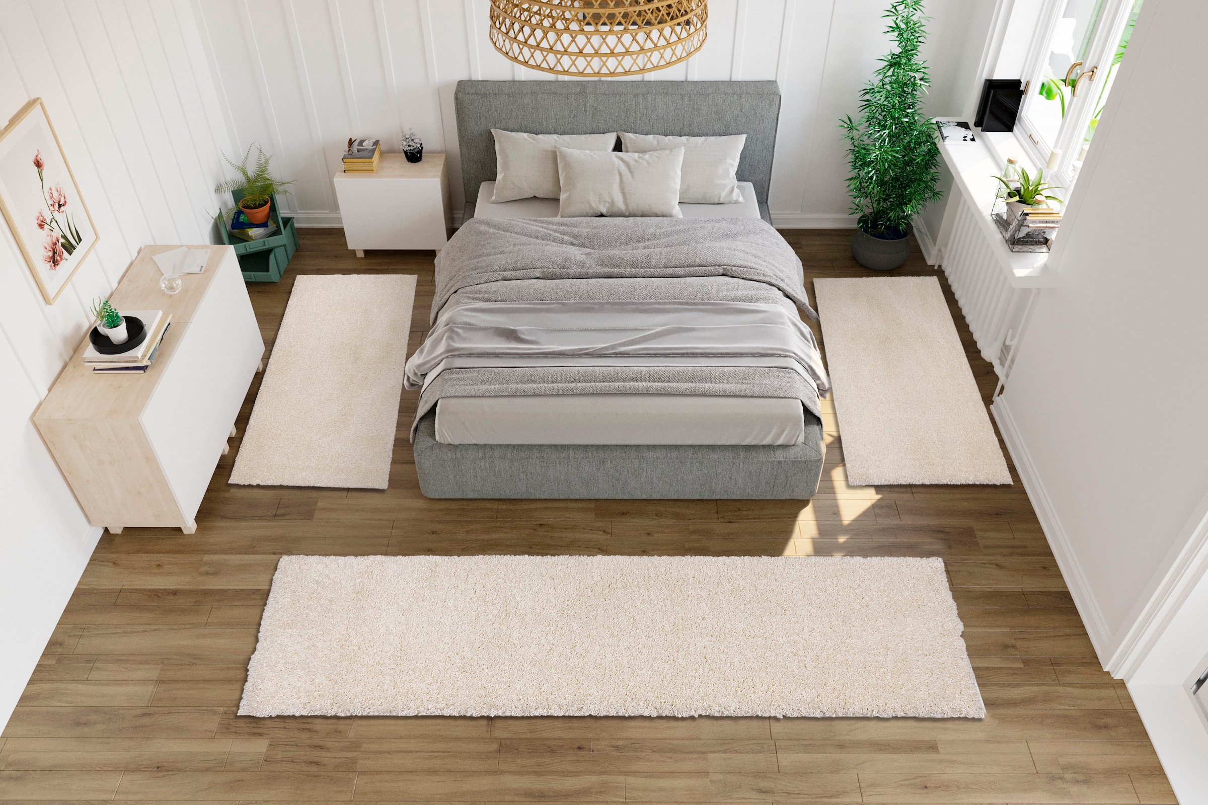 Bruno Banani Bettumrandung »Shaggy Soft«, (3 tlg.), gewebt, Uni-Farben, besonders weich, Bettvorleger, Läufer-Set