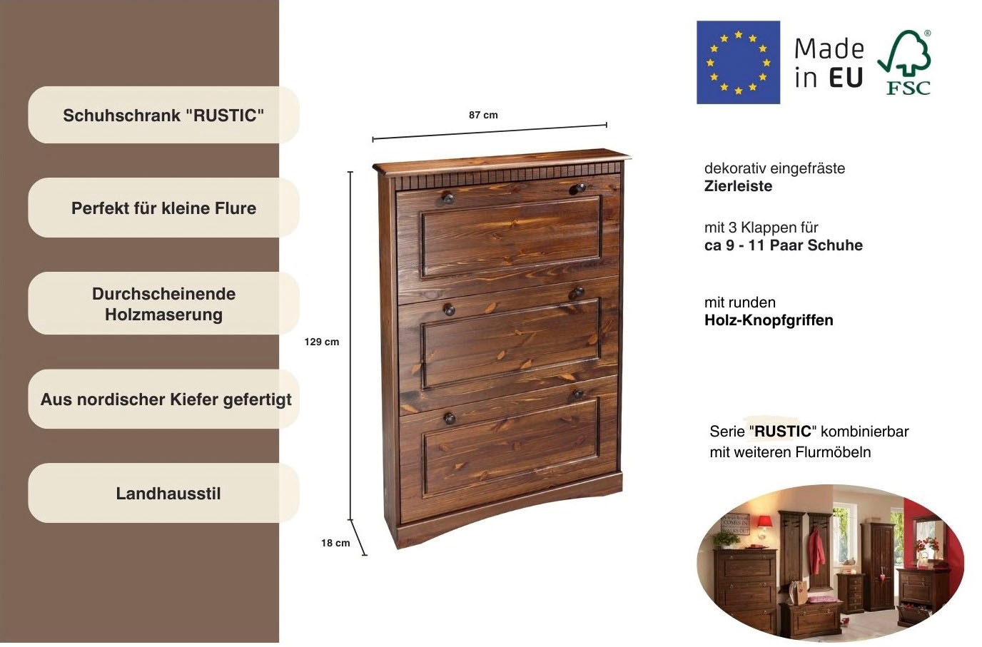Home affaire Schuhschrank »Rustic«, aus massiver Kiefer, 3 Schuhklappen, für 9-11 Paar, Kassettenoptik