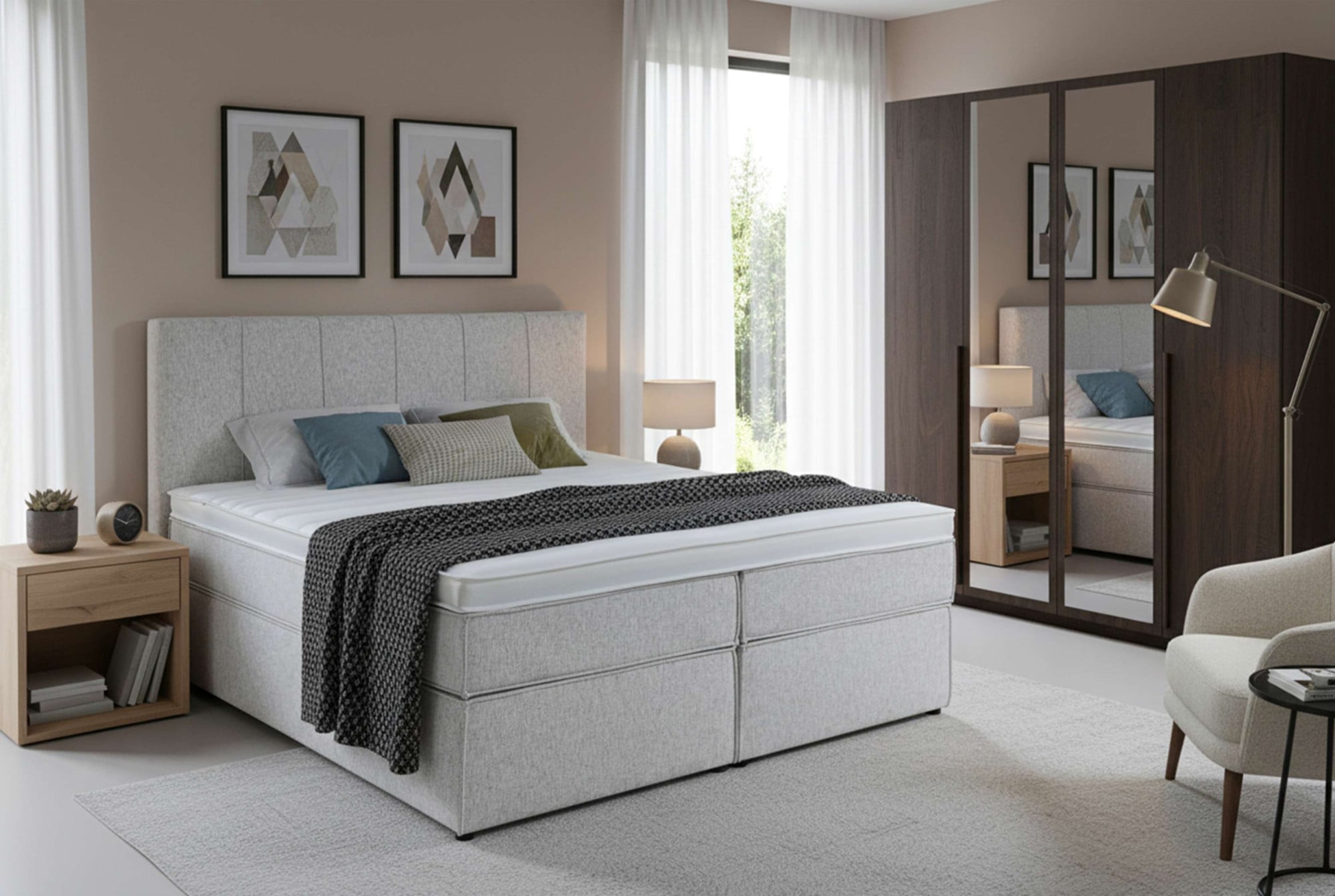 Home affaire Boxspringbett »Leon, Doppelbett, Polsterbett, Federkernbett, Komfortbett, 160, 180 cm« inkl. 9 cm Topper, 5-Zonen-Taschen-Federkernmatratze in H3