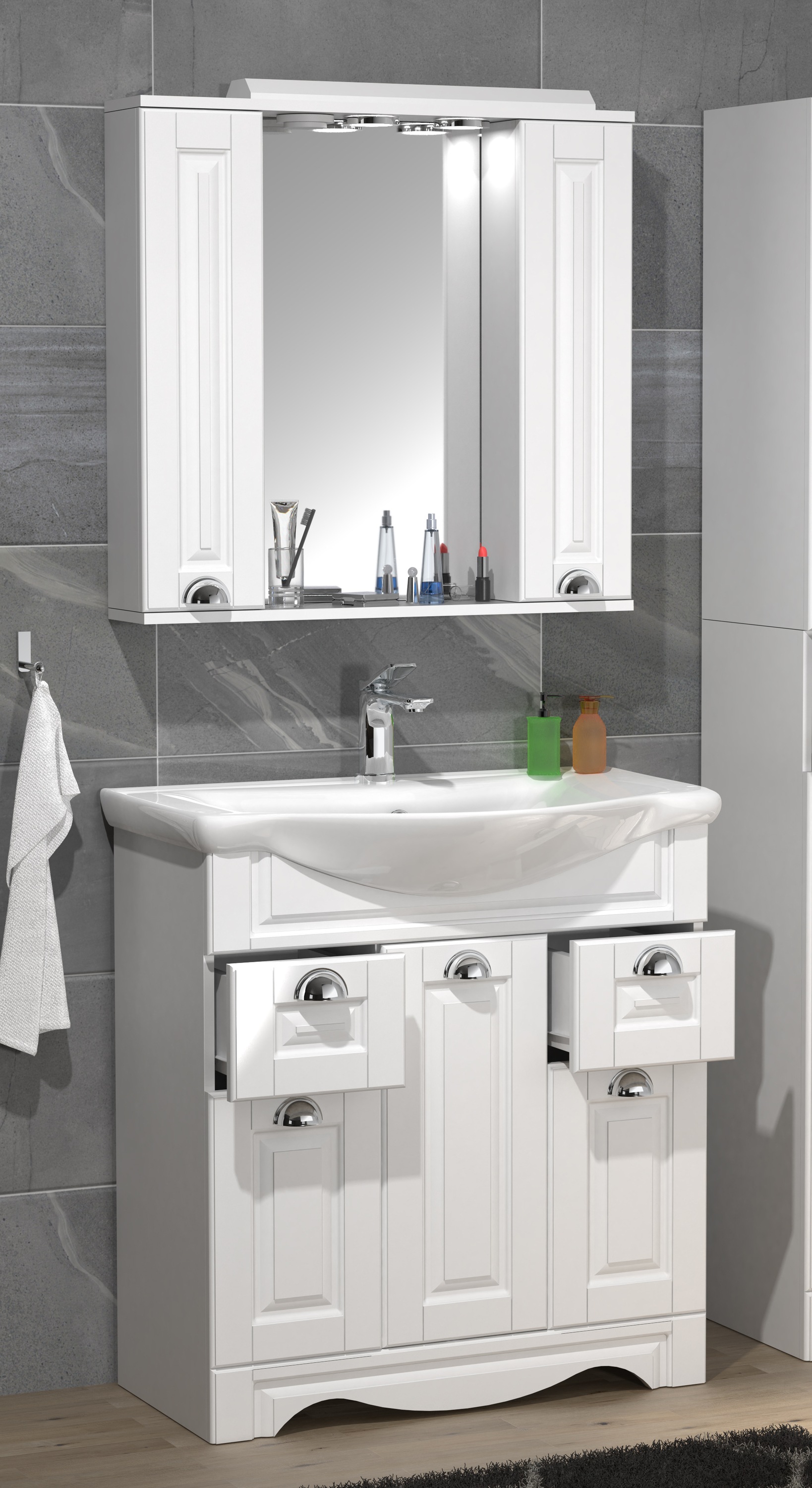 VCM Waschbeckenunterschrank »VCM 3-tlg. Waschplatz Waschtisch Breite 75 cm Badmöbel Set Waschbecken Spiegelschrank Schubladen Landhaus Casalo XL«, (3 St.)