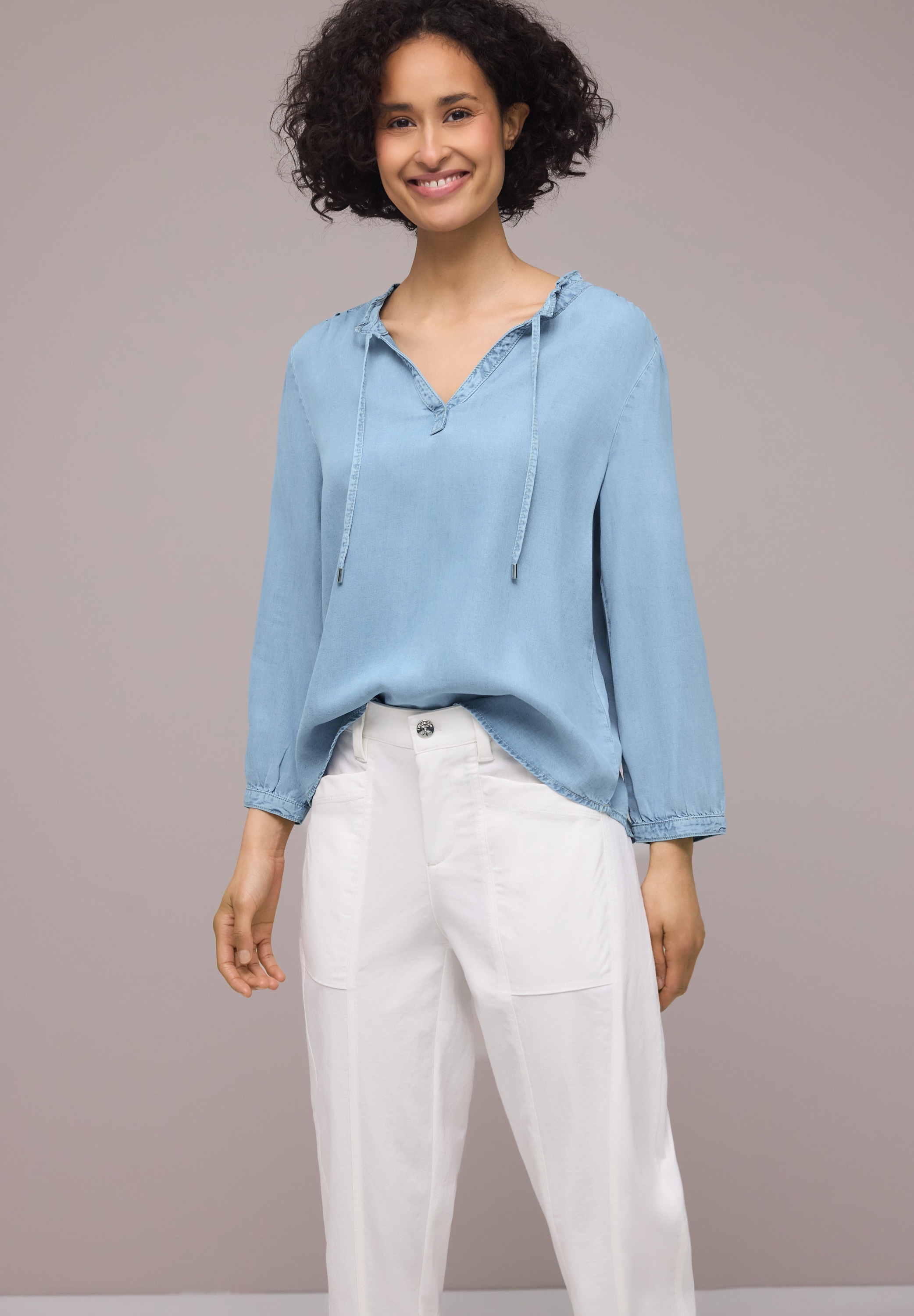 STREET ONE Schlupfbluse 3/4-Arm Bluse mit Split Neck im Denim-Look
