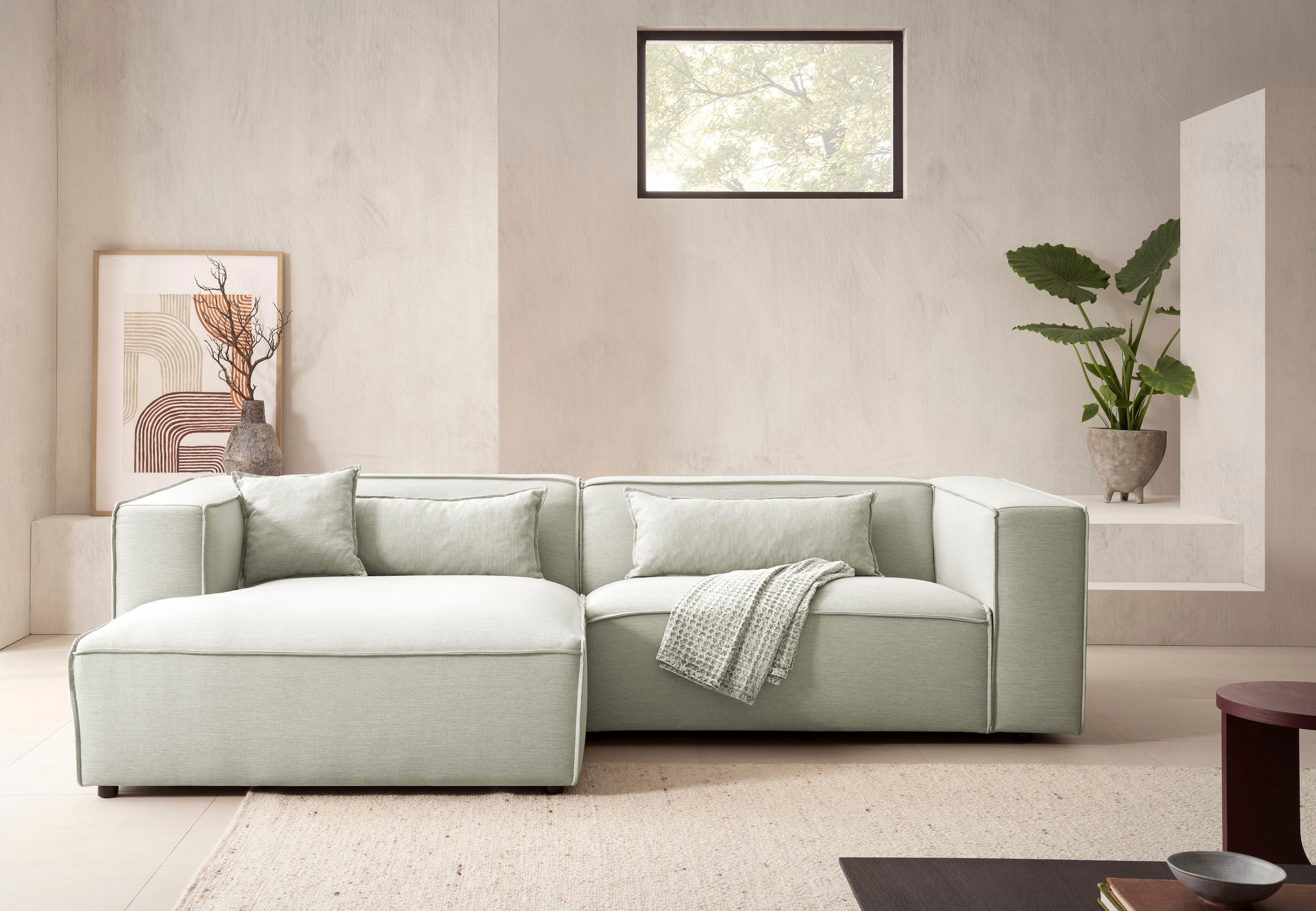 LeGer Home by Lena Gercke Ecksofa »PIARA mit Kedernaht in Cord oder Leinenoptik, moderne Couch in L-Form«, wahlweise Ottomane rechts/links, schwarze Füße, bequemer Sitzkomfort