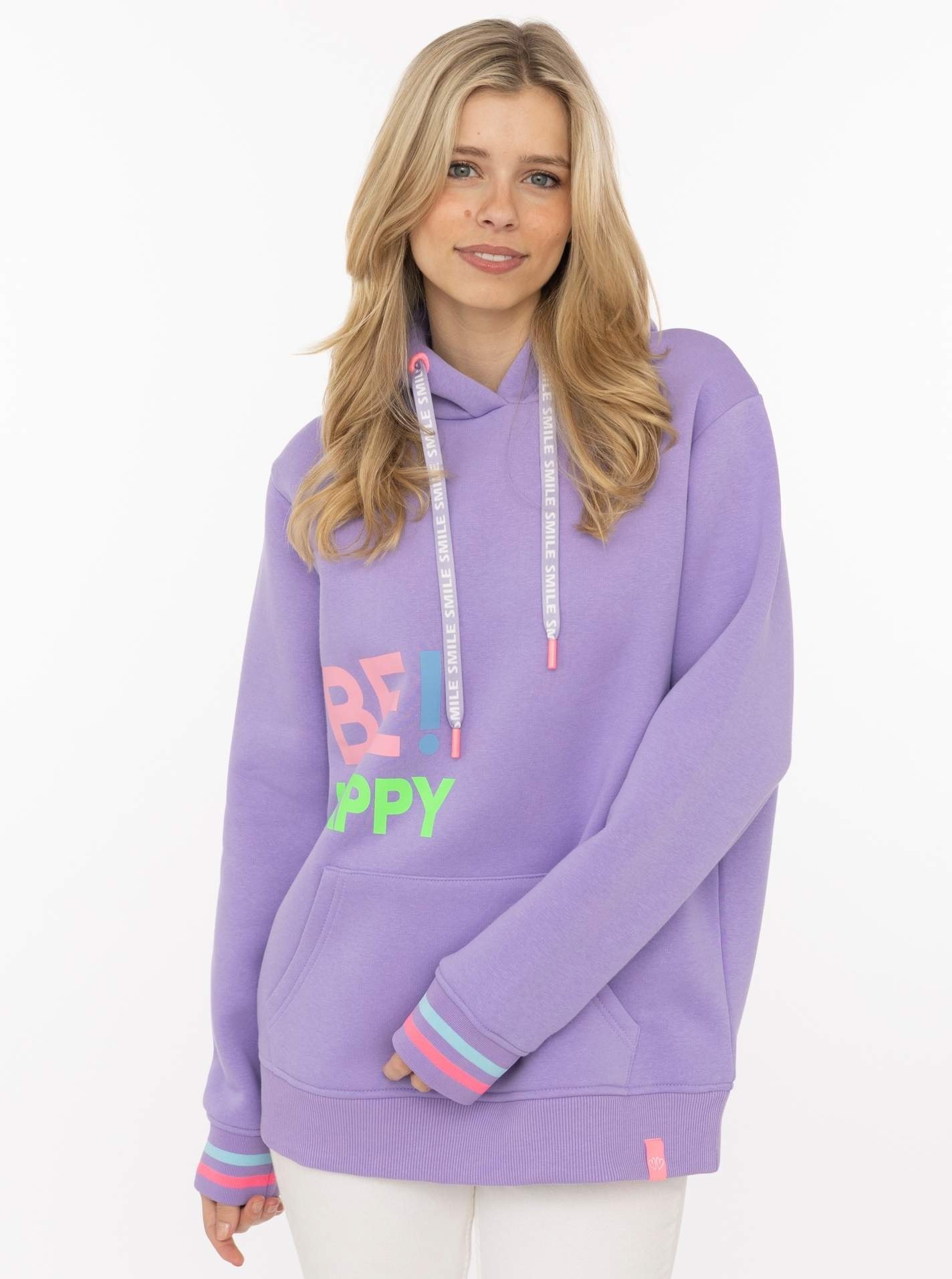 Zwillingsherz Hoodie »"Be Happy!"«, gestreifte Bündchen, Aufdruck auf Brust, Kapuze, Kängurutasche
