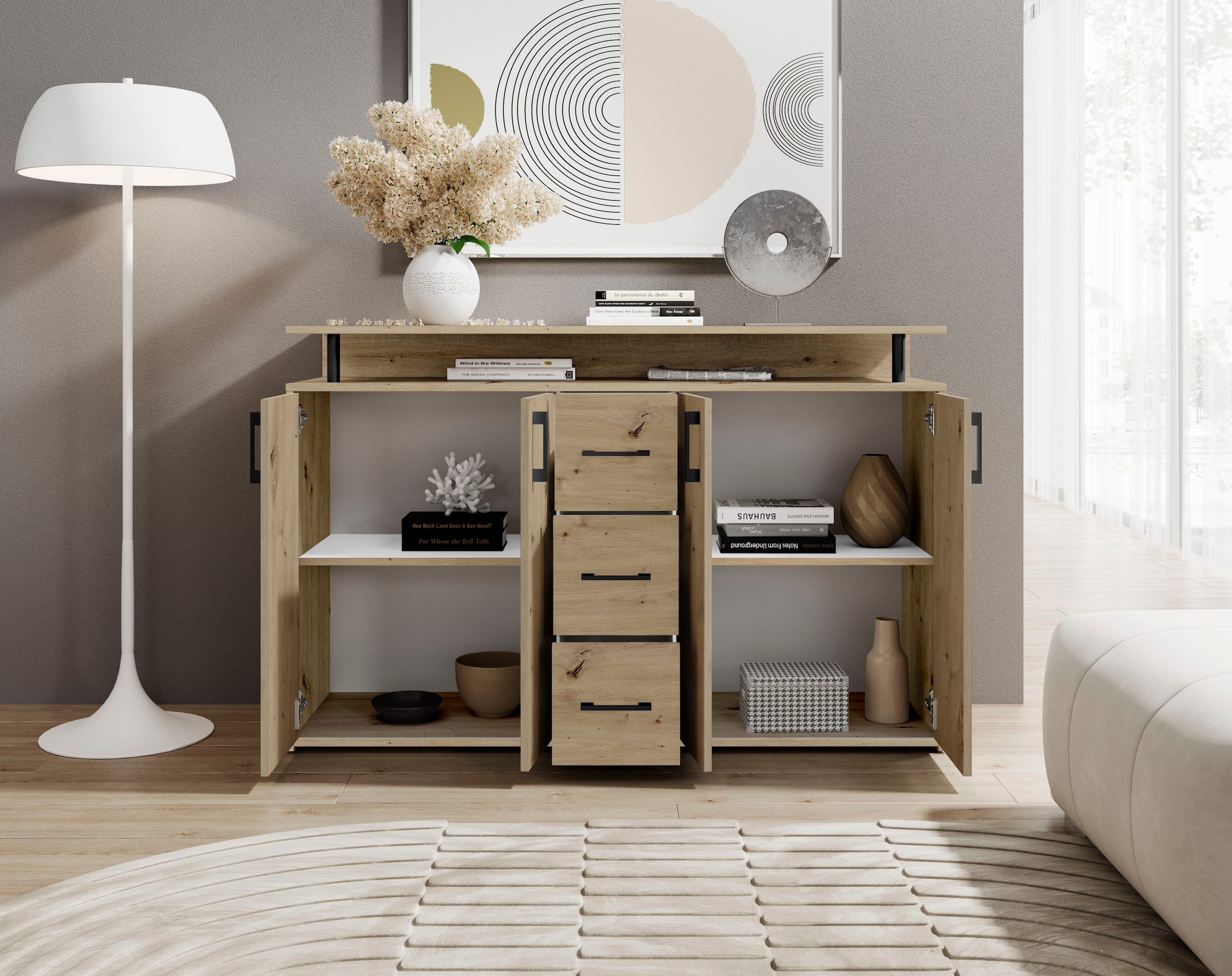 HBZ Sideboard »Drivno Sideboard, B/H/T 139x90x34 cm« 1 Stk. tlg. Breite 139cm, Kugelauszug, Einlegeböden verstellbar, 3 Schubkästen