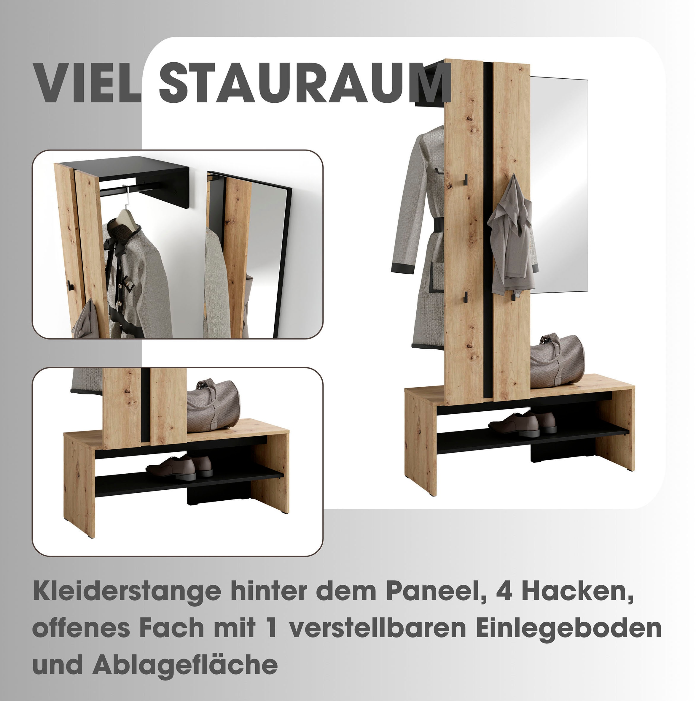 byLIVING Kompaktgarderobe »Dielen - Set Nante« 2 Stk. tlg. maximale Ordnung auf wenig Fläche mit Spiegel, Kleiderstange und Haken