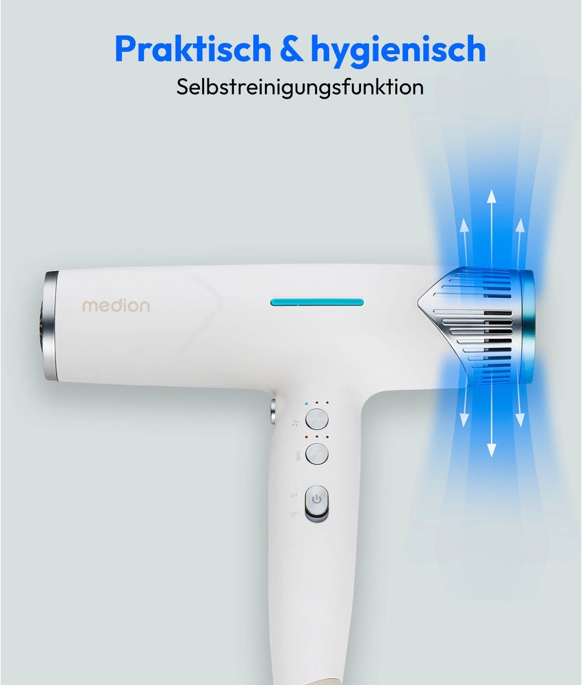 Medion® Ionic-Haartrockner »HD2 (MD19984)«, 1500 W, 3 Aufsätze, Selbstreinigungsfunktion, je 3 Temperatur- und Luftstromstufen