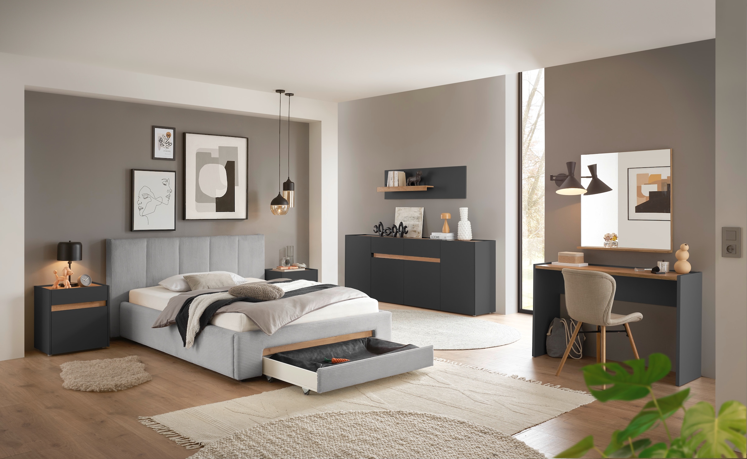 INOSIGN Polsterbett »CiTY/GiRON, Bettgestell mit Bettkasten, gepolstertes Stauraumbett«, mit Hundebett oder Stauraumschublade, Bezug Cord-oder Leinenoptik