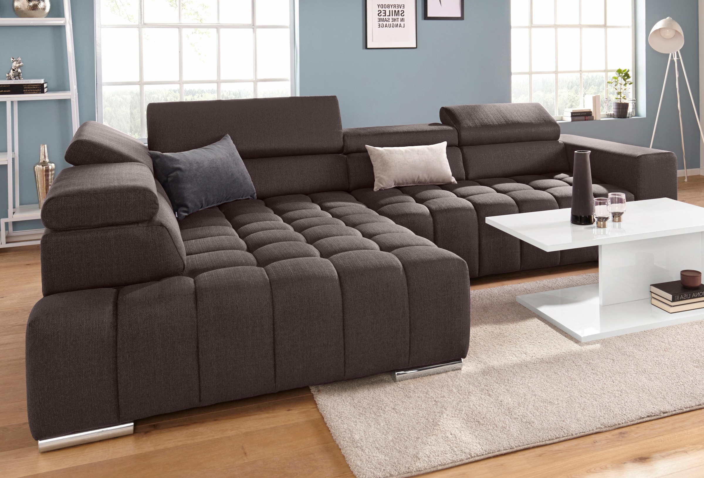 exxpo - sofa fashion Ecksofa »Elias, aktuelle Kreuzsteppung im Sitz, bequem, L-Form«, mit Kopf- bzw. Rückenverstellung, wahlweise mit Bettfunktion