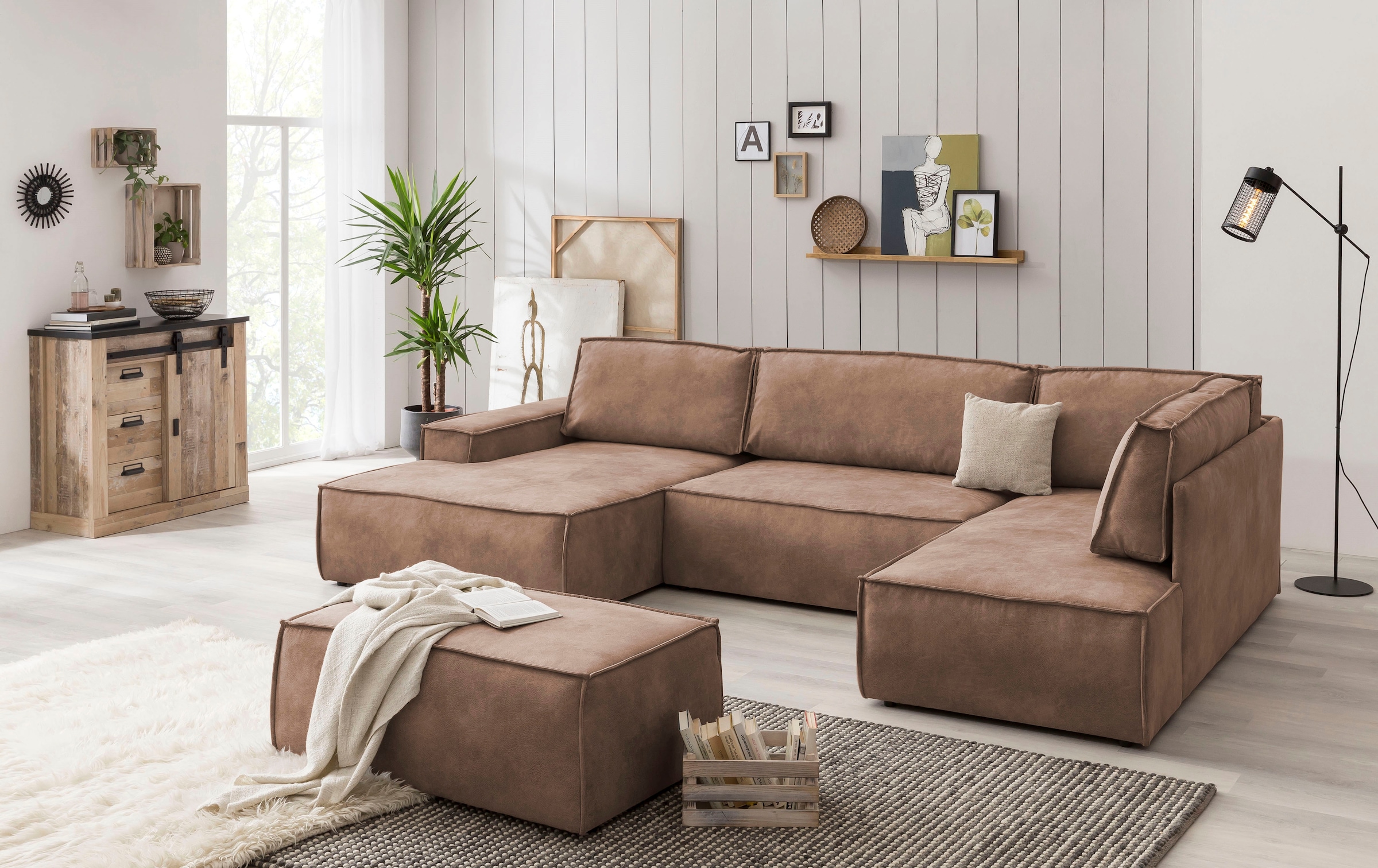 OTTO home Wohnlandschaft »SHERWOOD Vintage Lederoptik U-Form, 329 cm« Schlaffunktion m. Bettkasten (194x139 cm), Cord, Vintage, Samtvelours