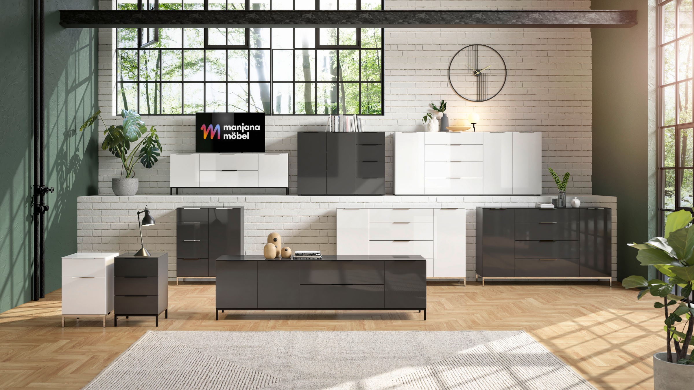 Manjana Möbel Nachtkommode »mit Chrom oder Schwarz matten Metallgriffen« mit Glasfronten, melaminbeschichtete Oberfläche, mit Vollauszug