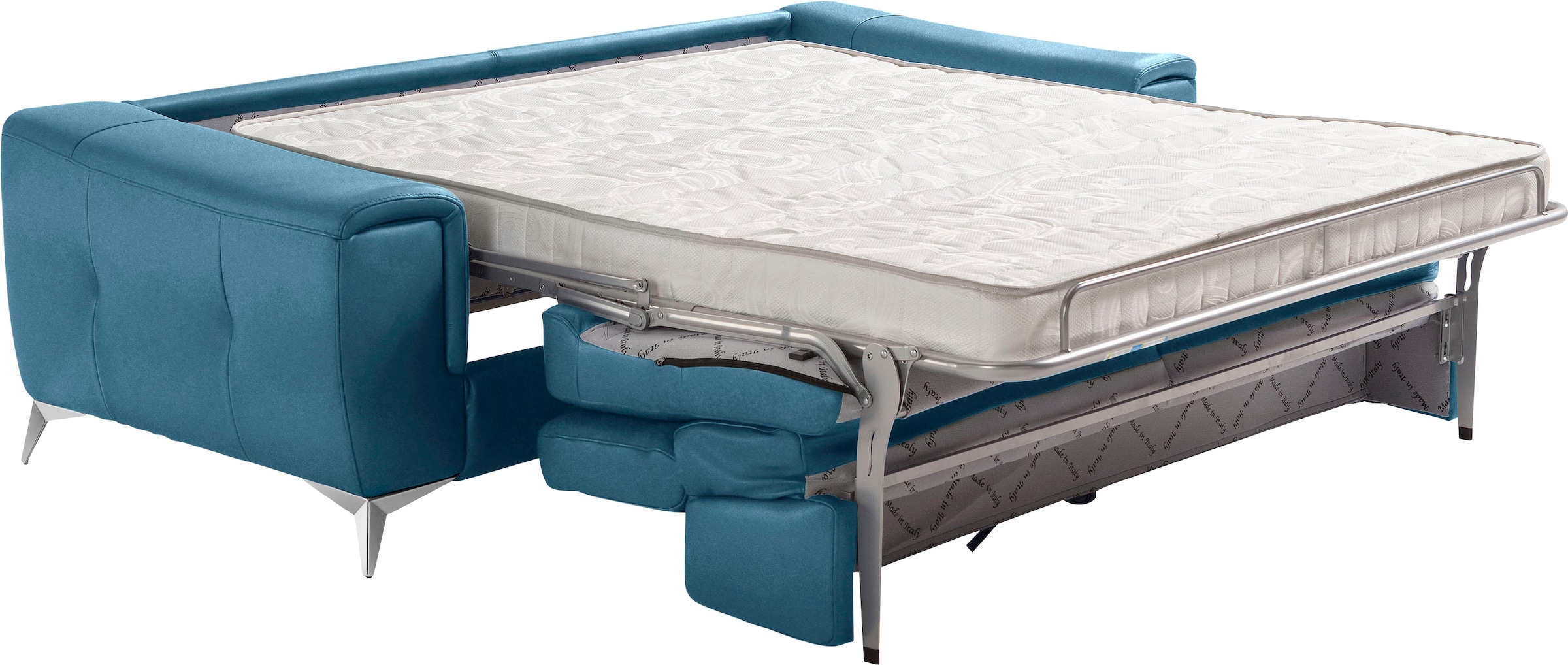 Egoitaliano Schlafsofa »Francine Designsofa, Loungesofa mit Dauerschlaffunktion, Breite 233 cm«, Bettfunktion, Luxus-Microfaser Lederoptik, ozeanblau, Fußfarbe chrom