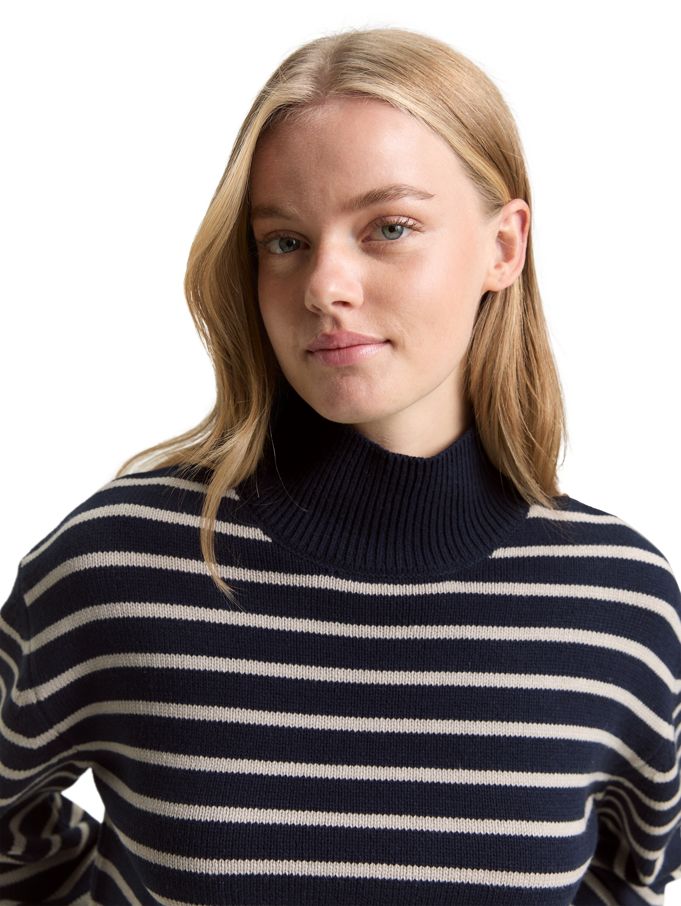 TOM TAILOR Denim Strickpullover im Streifen-Design und mit Stehkragen