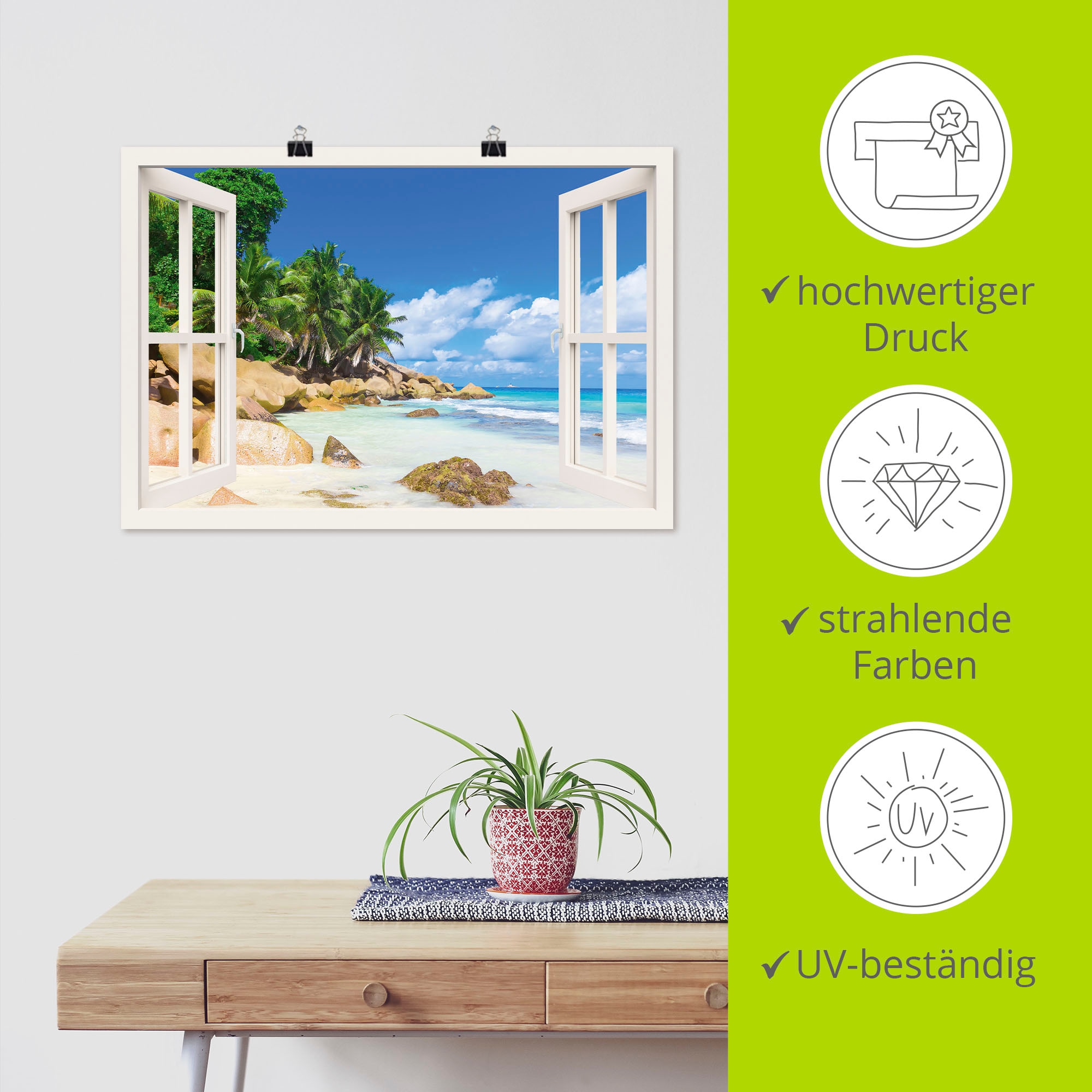 Artland Wandbild »Küste mit Palmen durchs Fenster« Karibikbilder 1 Stk. tlg. als Alubild, Outdoorbild, Leinwandbild, Poster, Wandaufkleber