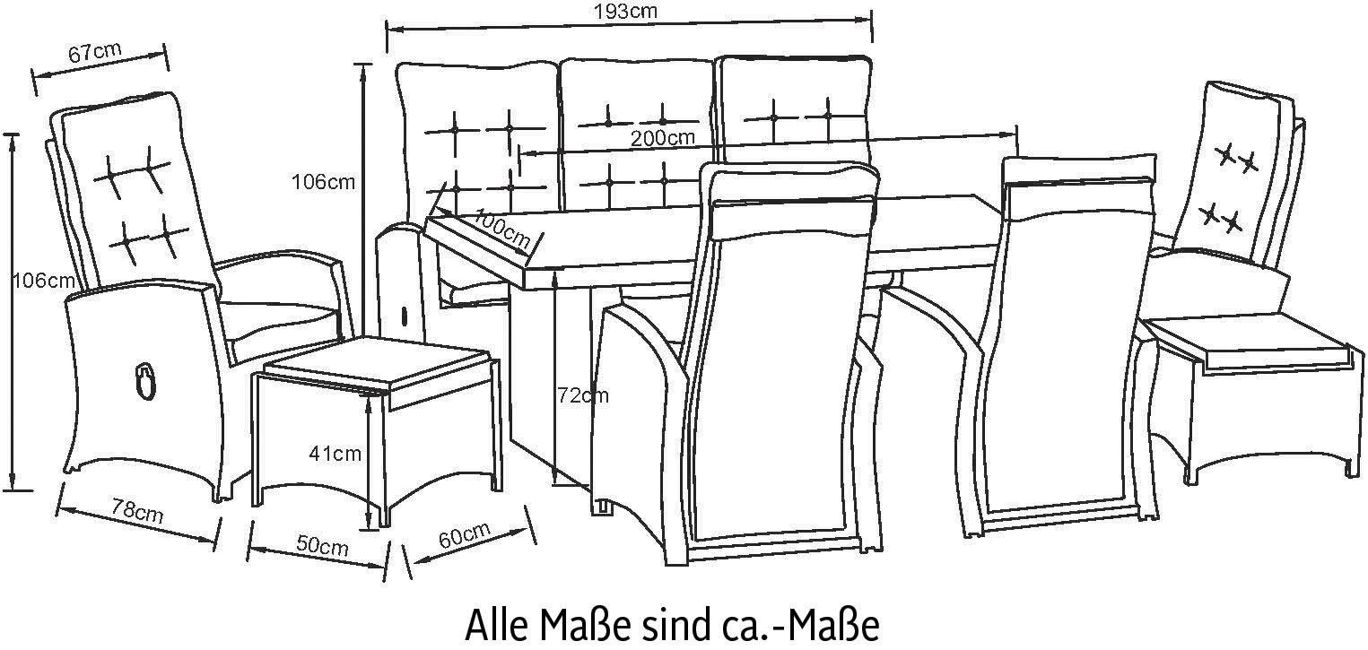 KONIFERA Garten-Essgruppe »Monaco«, (Set, 24 tlg., 4x Sessel, 1x 3er Sofa, 2x Hocker, 1x Tisch 200x100x75cm), Polyrattan, Aluminium, mit verstellbaren Rückenlehnen, inkl. Auflagen