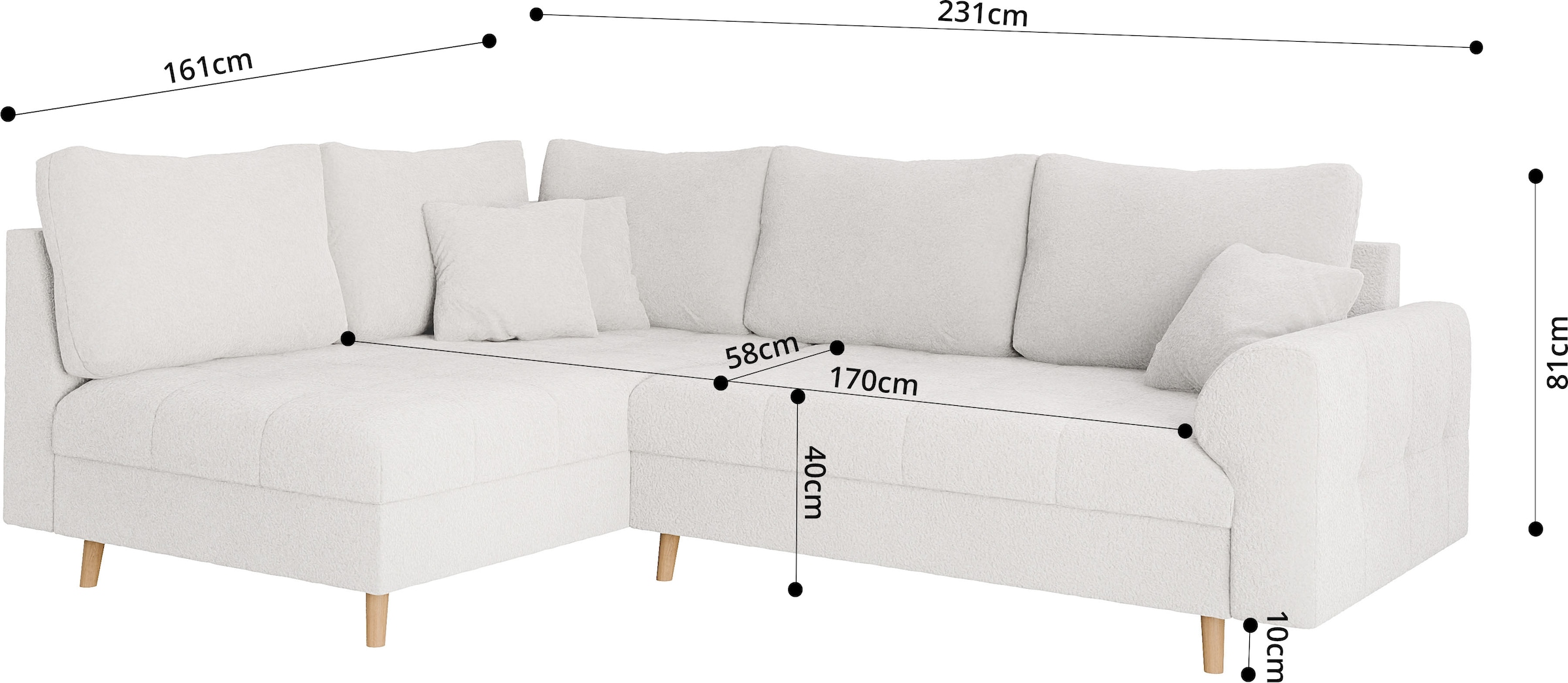 Home affaire Ecksofa »CHARRE L-Form mit Ottomane, Maße B/T/H: 231/161/81 cm«, feine Steppung, lose Rücken- und Zierkissen, auch in Cord und Bouclé