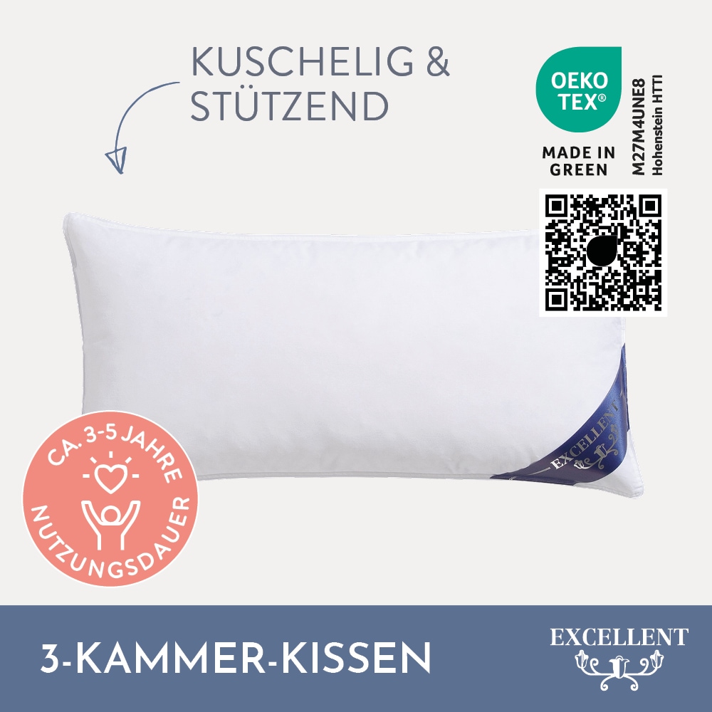 Excellent Kopfkissen »Venedig«, Füllung: weiße neue Gänsedaunen, Klasse I, 100% Daunen (Außen), weiße neue Gänsefedern, Klasse I, 100% Federn (Innen), Bezug: feiner Daunen-Batist, 100% Baumwolle, (2 St.), hergestellt in Deutschland