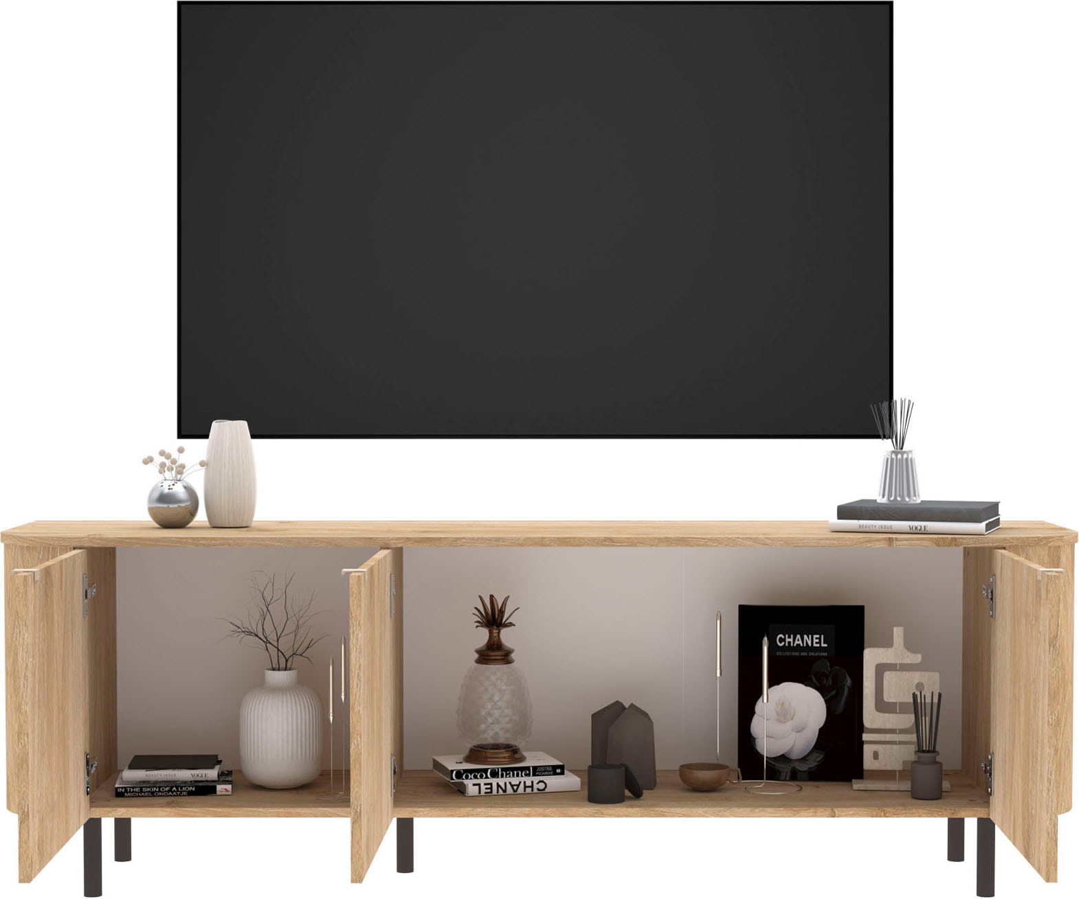 Home affaire Lowboard »Murano, 181 cm breit, 3 Türen, TV-Schrank, TV-Kommode, Medienboard« Formgebogenes MDF, Stirnseiten mit Rundung, Füße und Griffe aus Metall